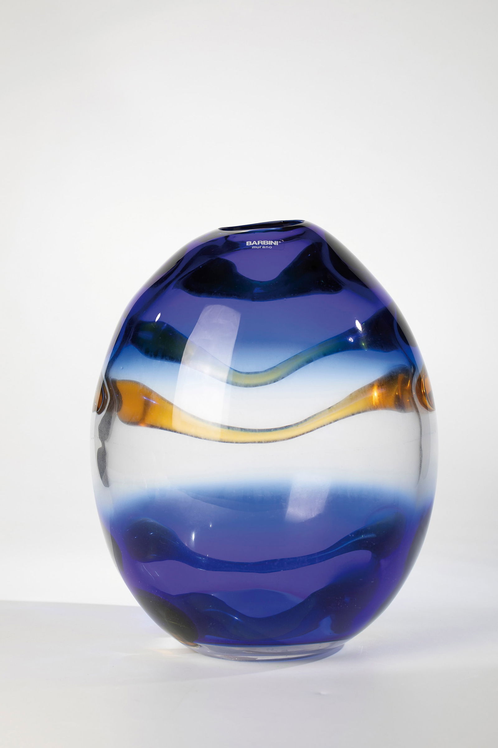 Vase: Vase Barbini, Murano, after 1980 Colourless glass with dark blue overlay. In the body, melted, curved glass rods made of honey-yellow glass connecting the inner wall. Original manufacturer's label.