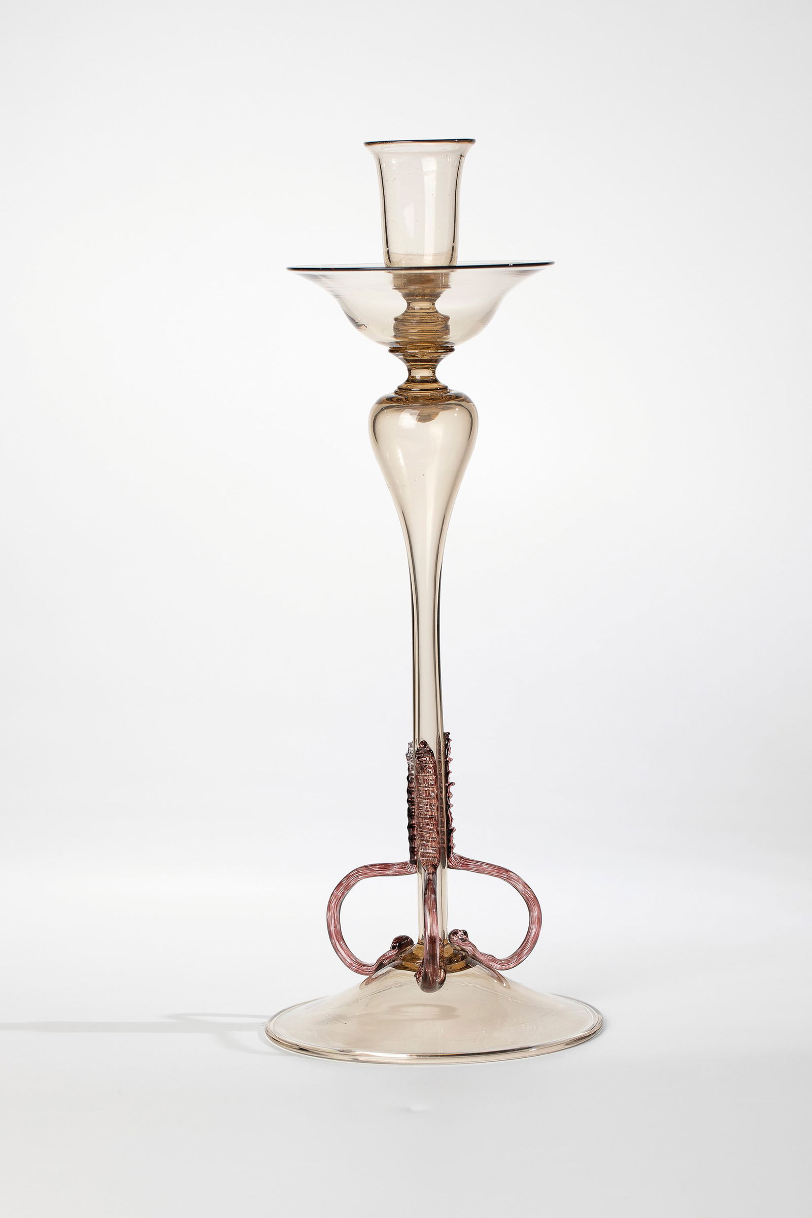 Chandelier ''Soffiato'': Chandelier ''Soffiato'' Compagnia di Venezia e Murano - Pauly & C., Murano, c. 1925 Thin-walled, slightly light yellow glass. Hollow baluster shaft. The round disc base with the edge folded