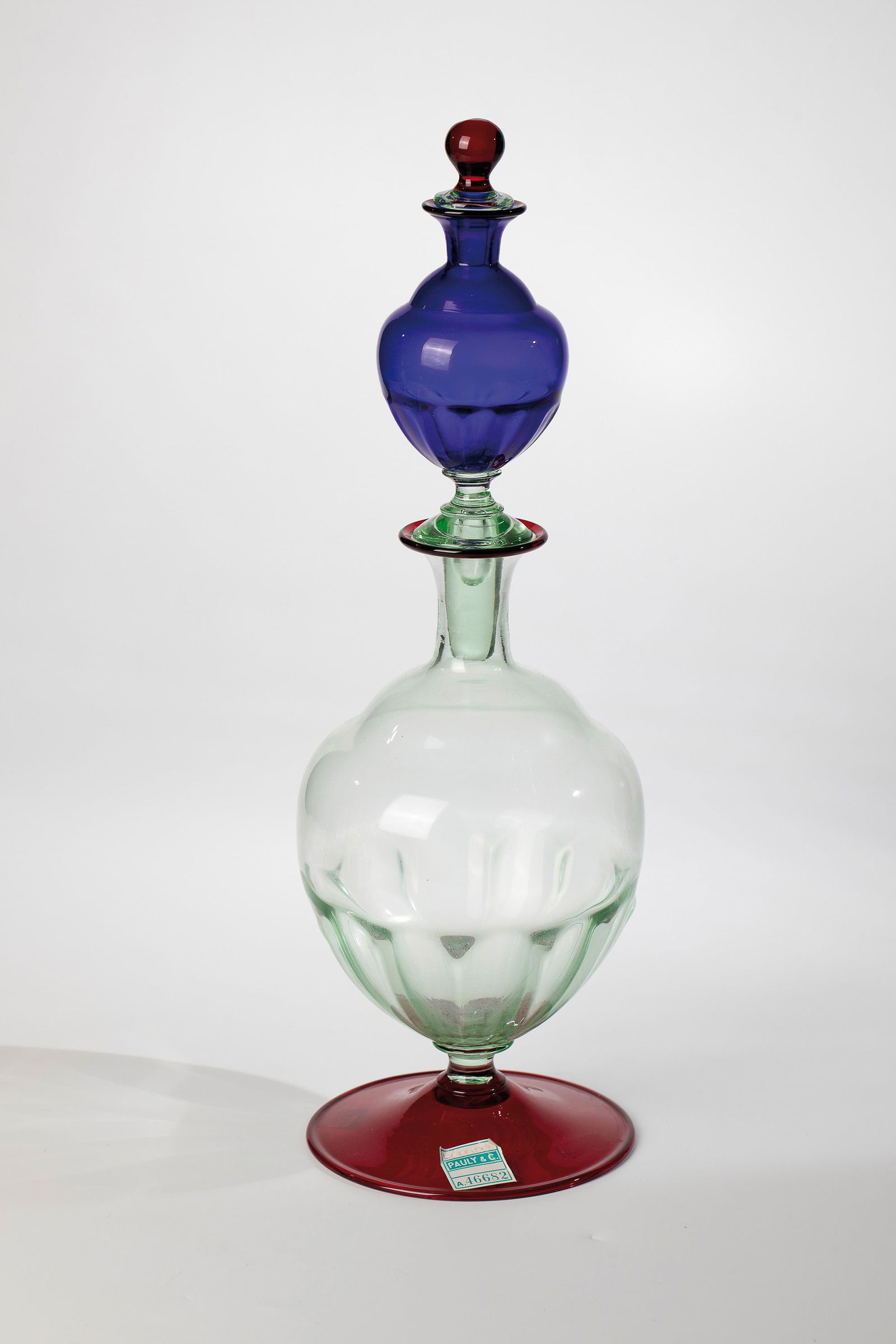 Double Bottle: Double Bottle Compagnia di Venezia e Murano - Pauly & C., Murano, c. 1940/50 Ruby red, blue and colourless, slightly greenish glass. Disc base with the edge folded downwards. Original sticker PAULY &