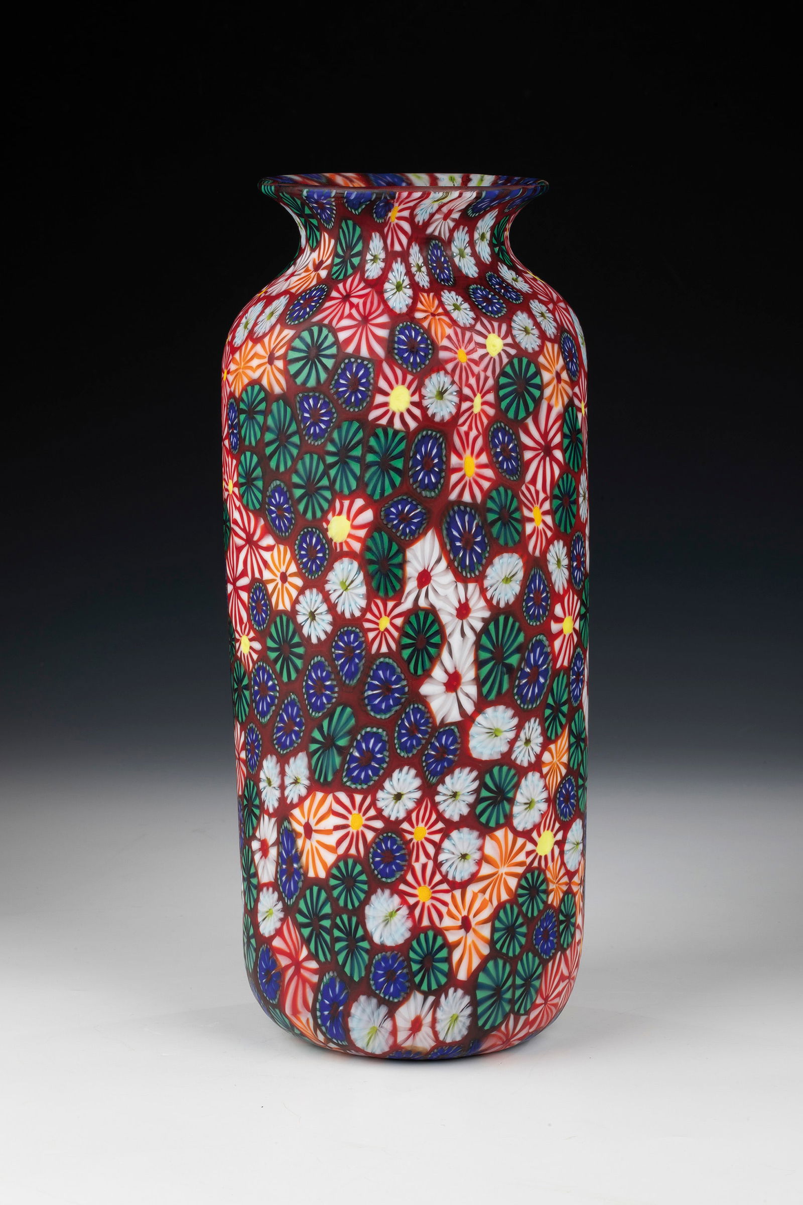 Vase ''Kiku'' & ''Redentore'': Vase ''Kiku'' & ''Redentore'' Ermanno Toso (design), Fratelli Toso, Murano, 1950-55 Colourless glass with fused multi-coloured murrine 'Kiku' and 'Redentore'. Surface acid-matted. Original adhesive