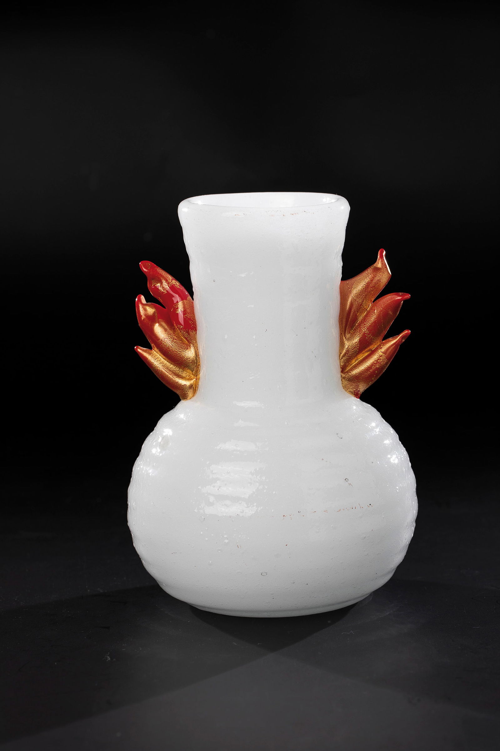 Vase ''Pulegoso'': Vase ''Pulegoso'' Fratelli Toso, Murano, 1933-1935 'Lattimo' glass, colourless overlay. Strongly blistered ('Pulegoso'). Horizontally ribbed wall, blown into the mold. Freely applied handles made of o