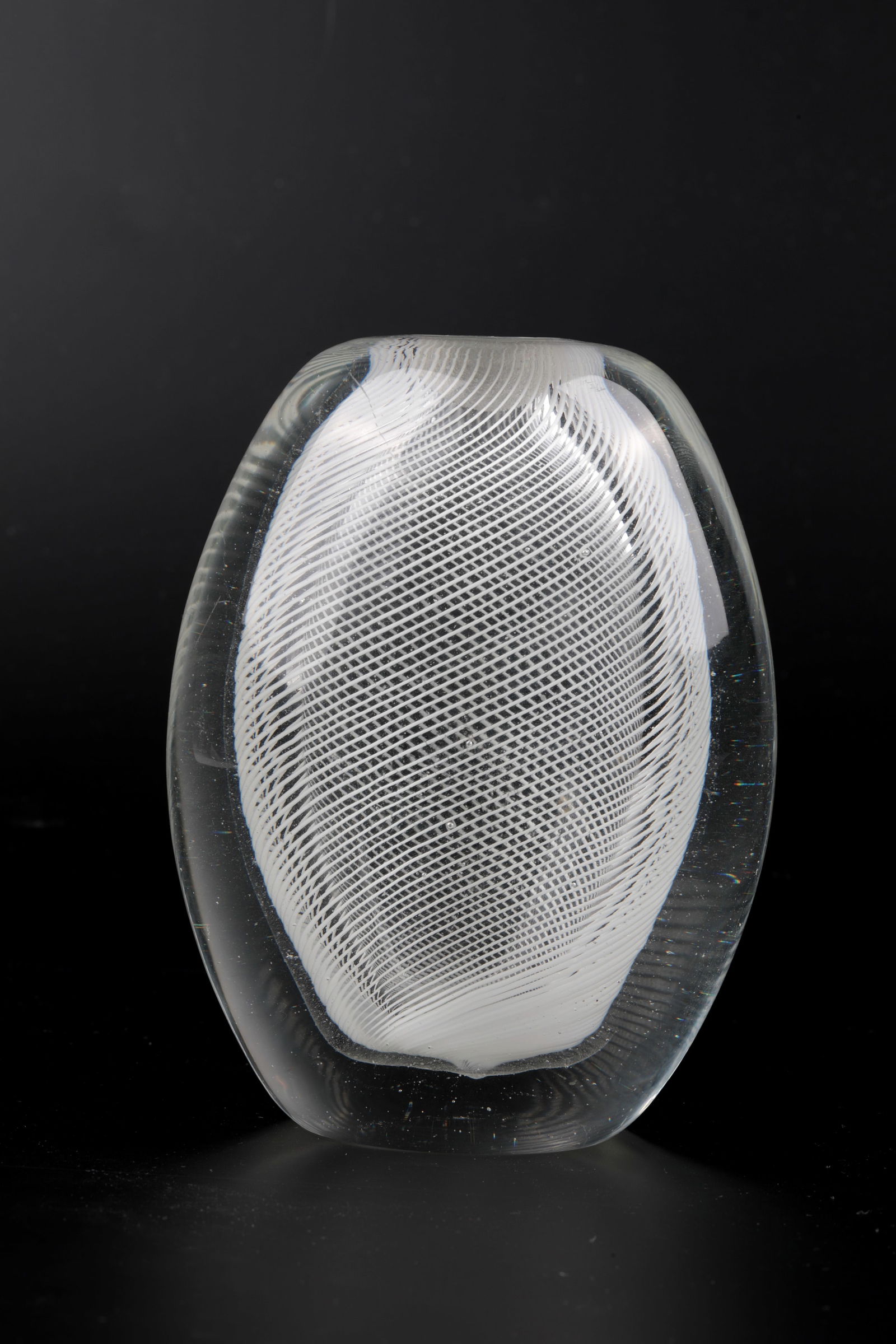 Vase ''lattimo Sommerso mezza filigrana'': Vase ''lattimo Sommerso mezza filigrana'' Carlo Scarpa (design), Venini, Murano, c. 1936 Colourless glass. Between the layers, spiral decoration of thin threads in opaque white ('lattimo'). Inscribed