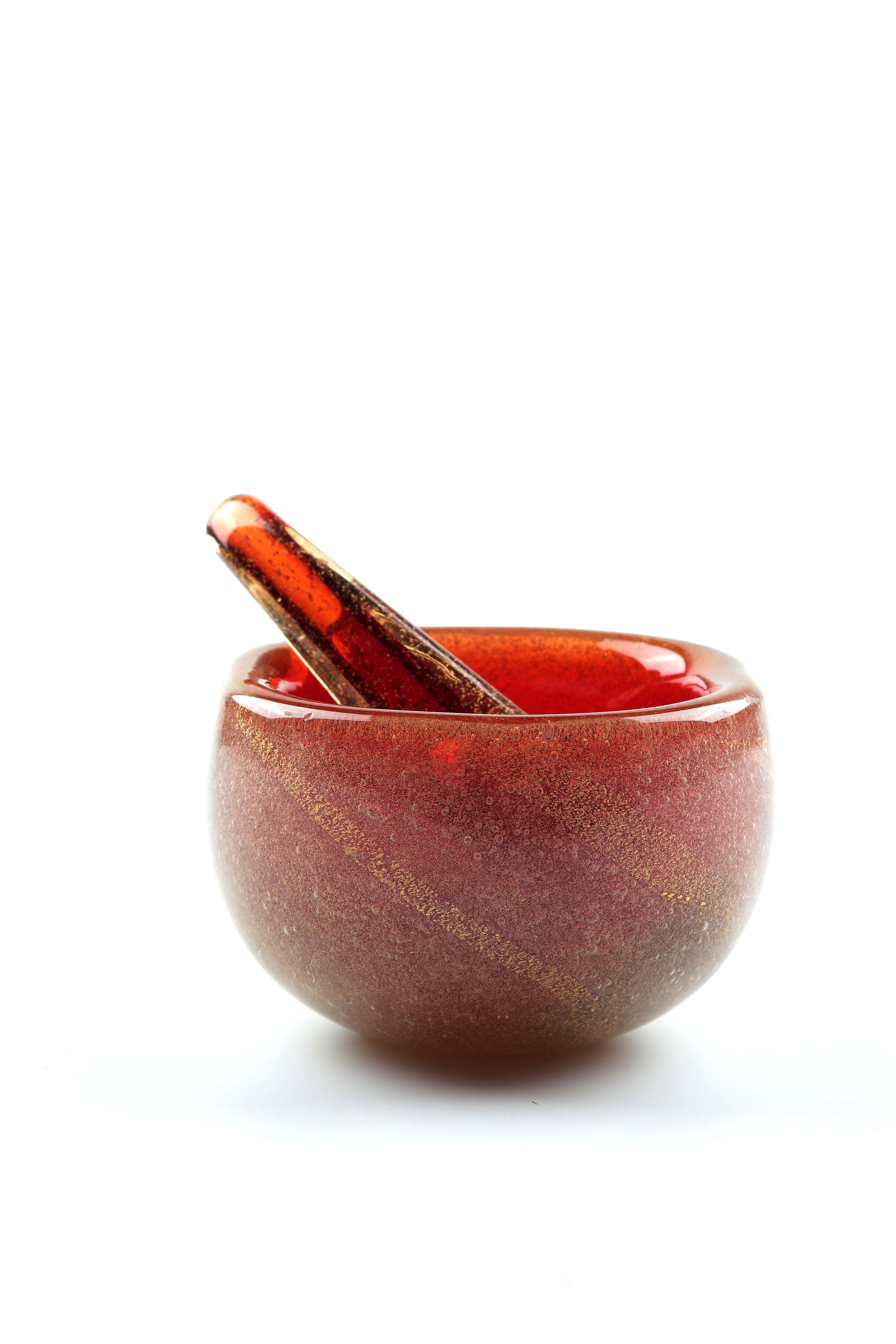 Bowl with Pestle ''Sommerso'': Bowl with pestle ''Sommerso'' Carlo Scarpa (design), Venini, Murano, c. 1934 Colourless, orange-red ('aranciato') underpinned glass ('sommerso') with inclusions of finely torn gold foil. Pestle made o