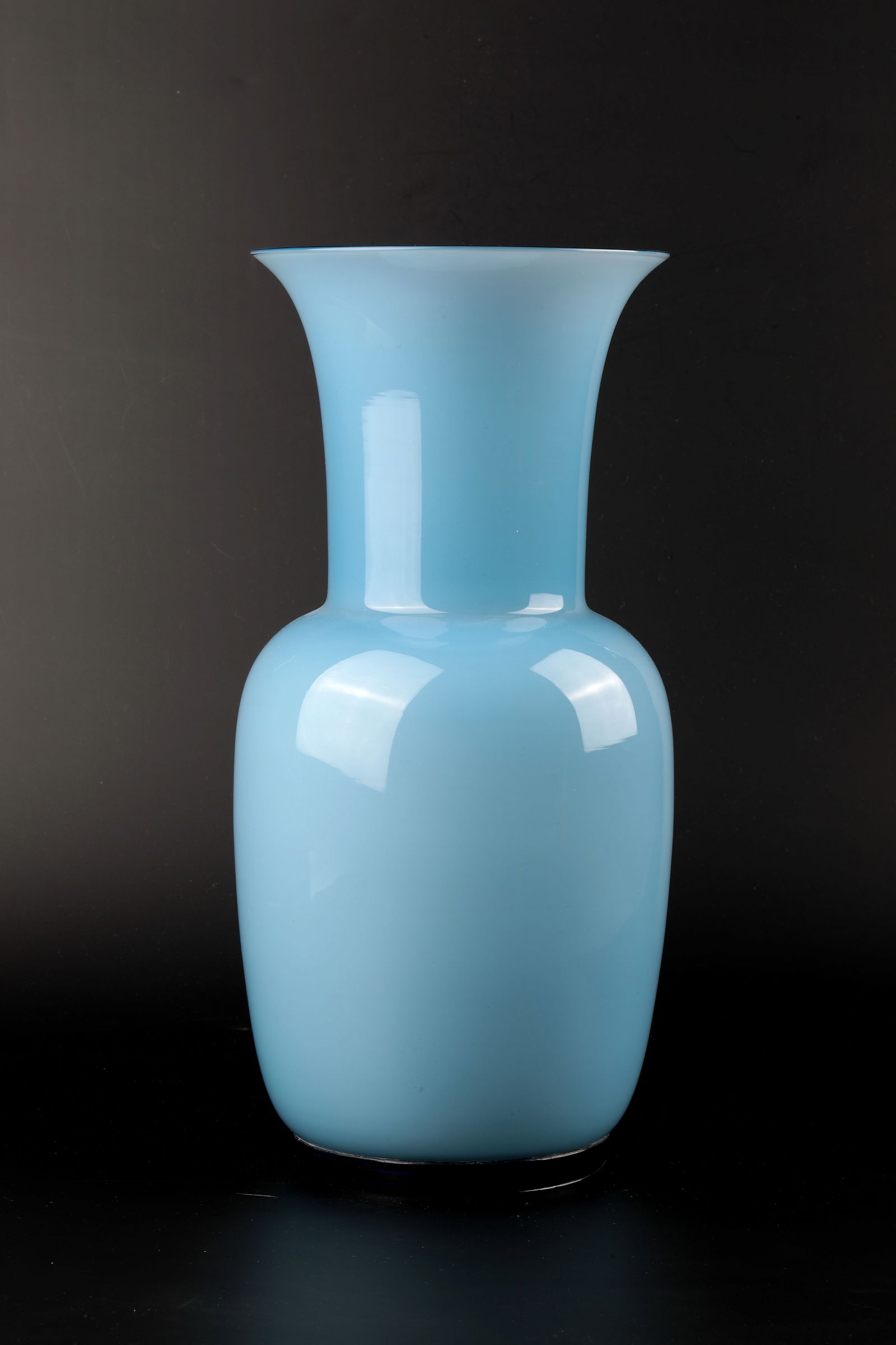 Vase ''Opalino'': Vase ''Opalino'' Paolo Venini (design) 1932, Venini (execution), Murano, 1994 Colorless glass with double underlay in light blue opal and opaque white. The melted stand ring in dark blue. Vibro-engrav
