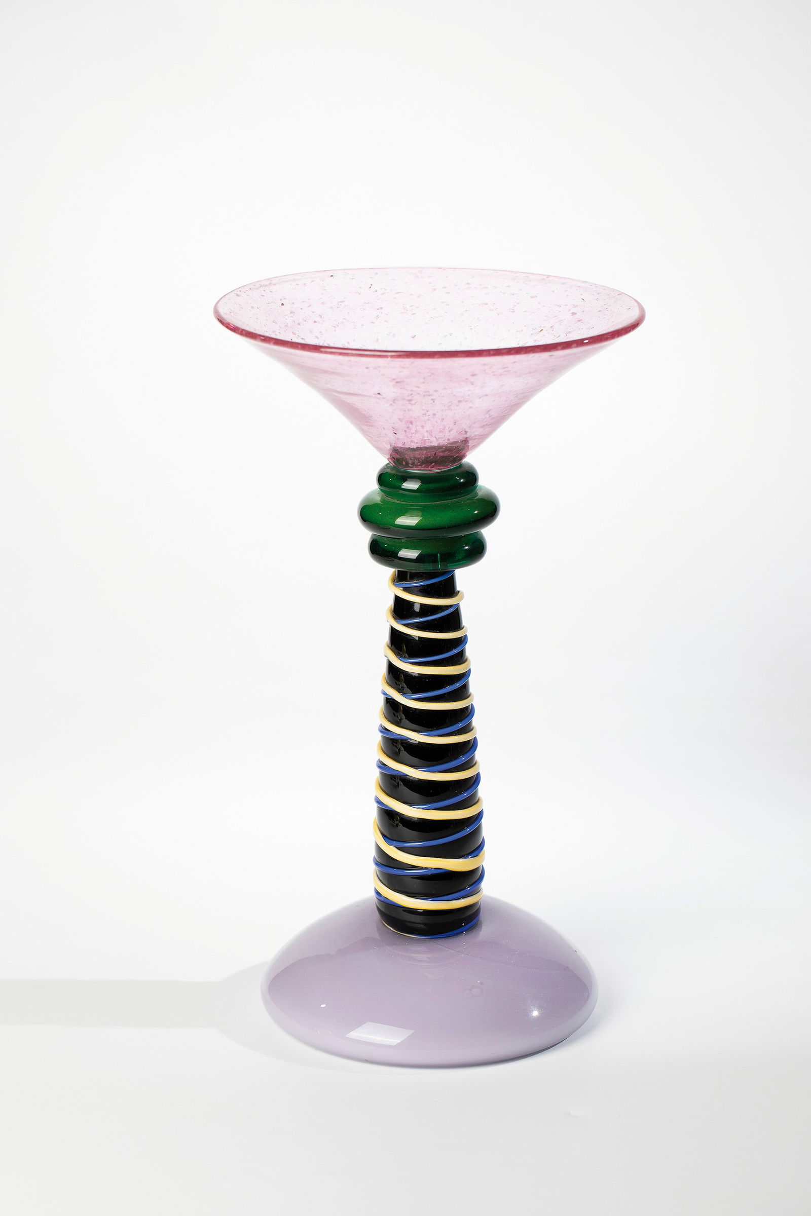Object ''Dantes loving cup'': Object ''Dantes loving cup'' Peter Shire (design), Vistosi, 1980s Purple opal glass, black, moss green and pink glass with colour-coordinated inclusions. Glass thread décor fused in opaque yellow