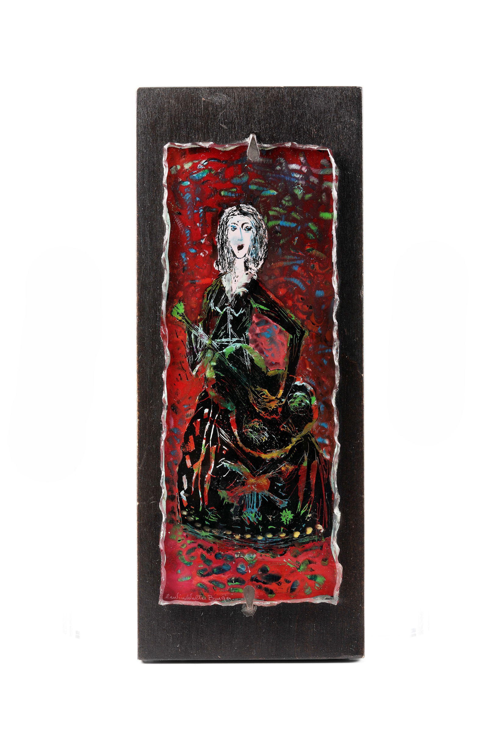 Glass block with figurative representation: Glass block with figurative representation attributed to Erwin Walter Burger (attributed), around 1955 Colourless crumb of moulded glass, the rim with wavy polished fracture structure. Polychrome