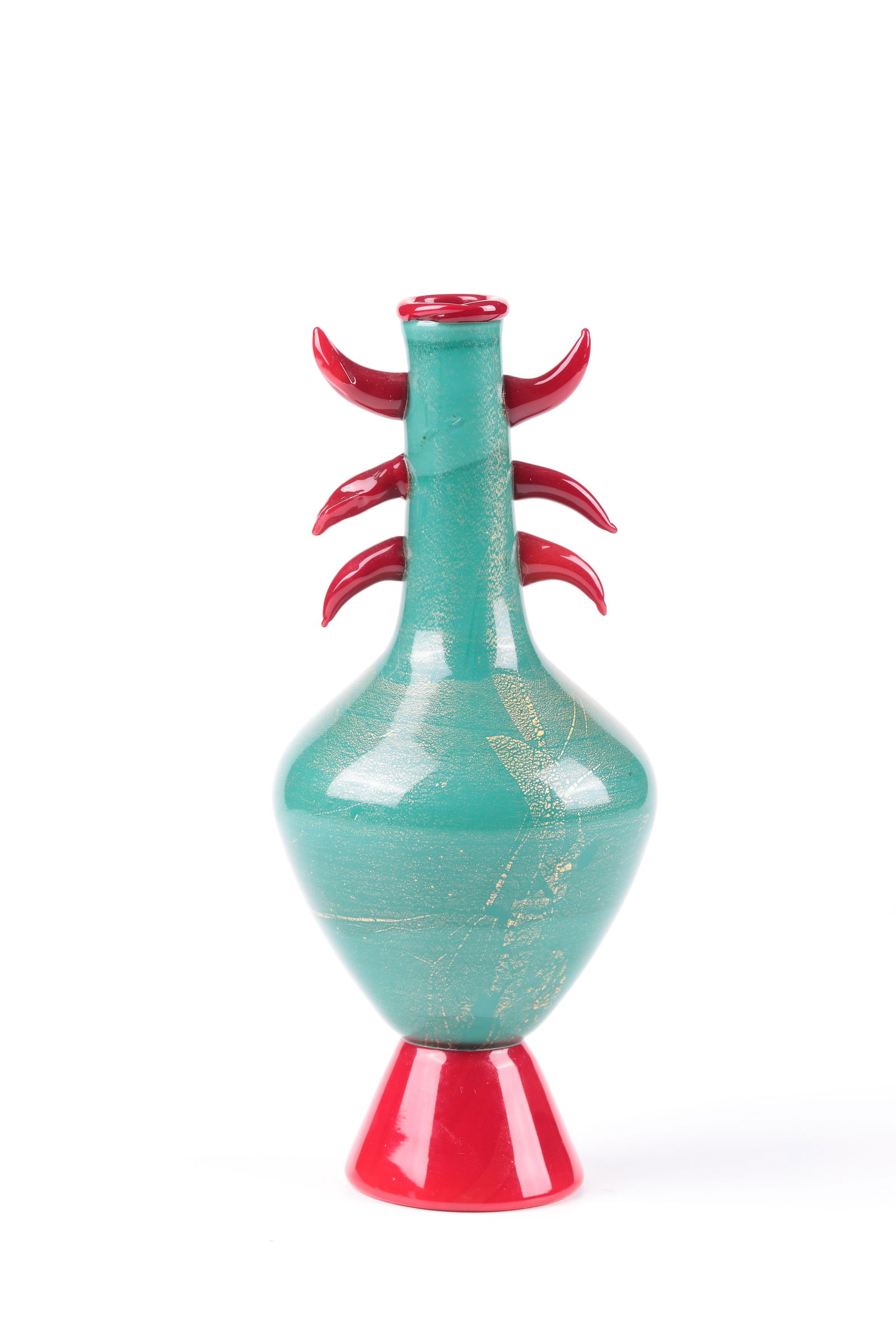 Vase: Vase Murano, 2nd half of the 20th century, colourless glass. In opaque, slightly marbled dark green. Dark red glass ring applied to the edge of the muzzle as well as freely attached, horn-like