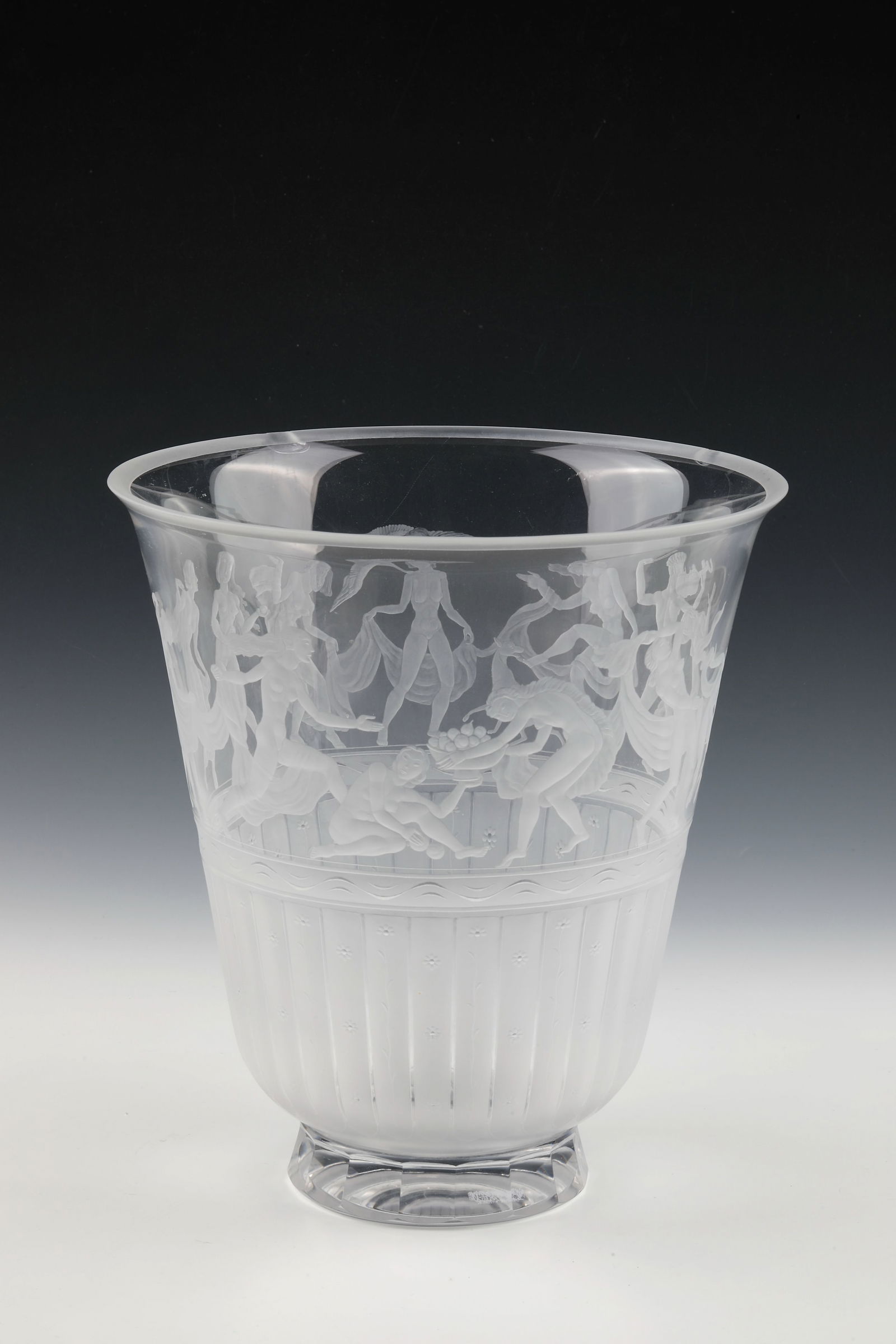 Large Vase: Large vase Simon Gate (design), Orrefors (execution), c. 1925 Colourless glass. Conical wall, over faceted, polished, matt fields with floral decoration in deep-cut, partly bleached decoration: nude
