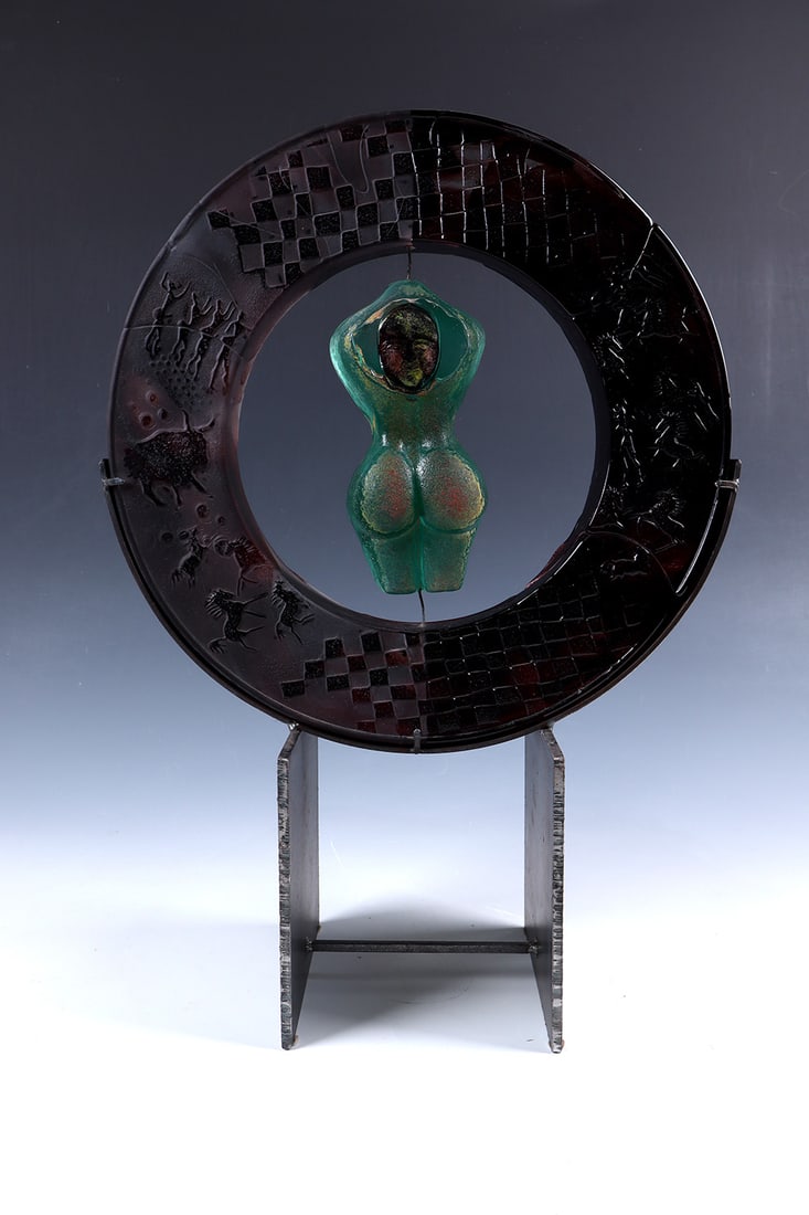 Ring Object: Ring object Kjell Engmann (design) for Kosta Boda Colorless, green and ruby red glass, partially with melted color powder and fine-grained substance in ochre and brown, molten, partly ground and