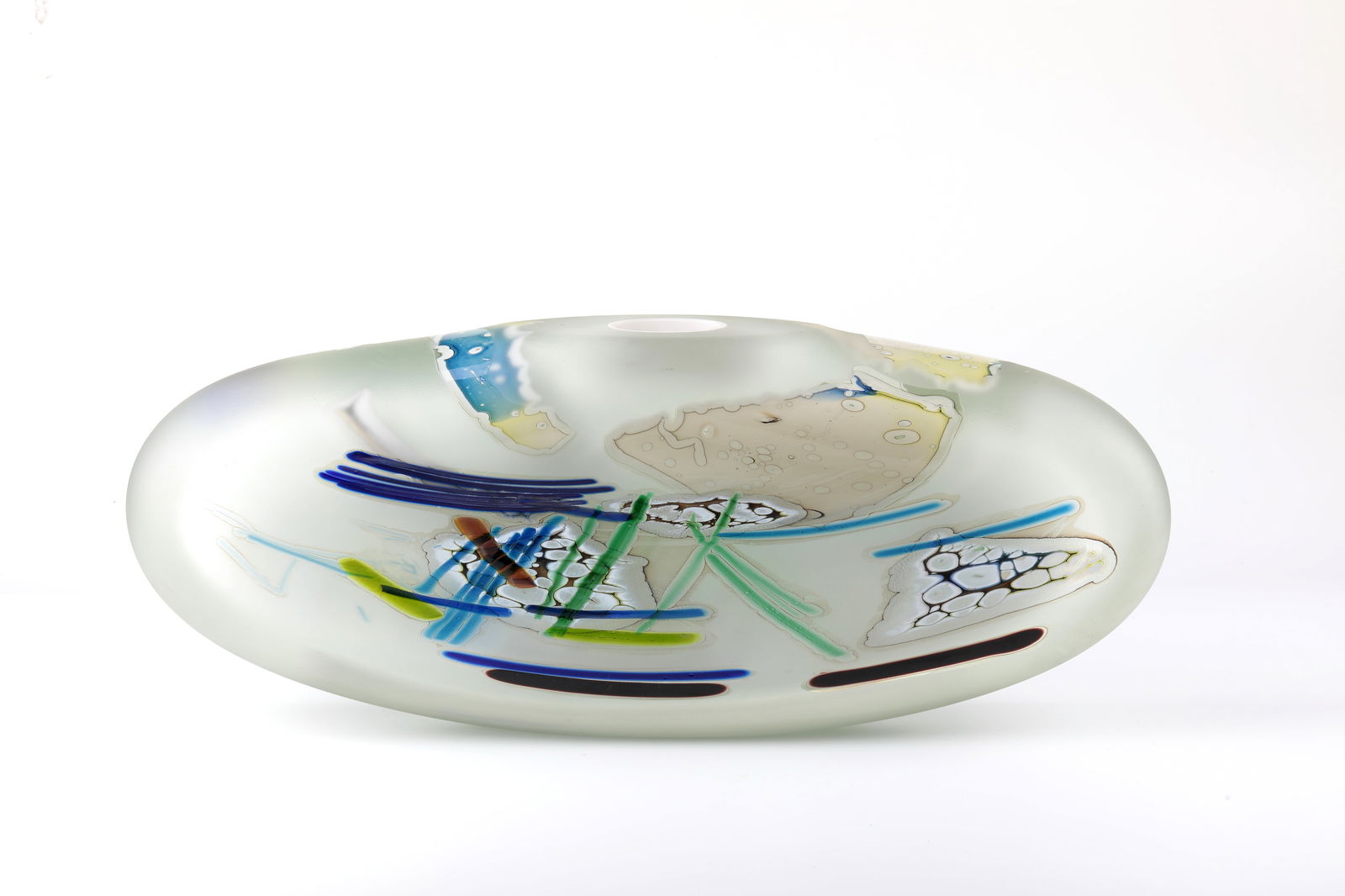 Vase object from the series ''Contiguous Fragments'': Vase object from the series ''Contiguous Fragments'' Joel Philip Myers 1981 Colourless glass with white underlay. On the matt wall polychrome melting. At the booth inscribed: Joel Philip Myers 1981. L