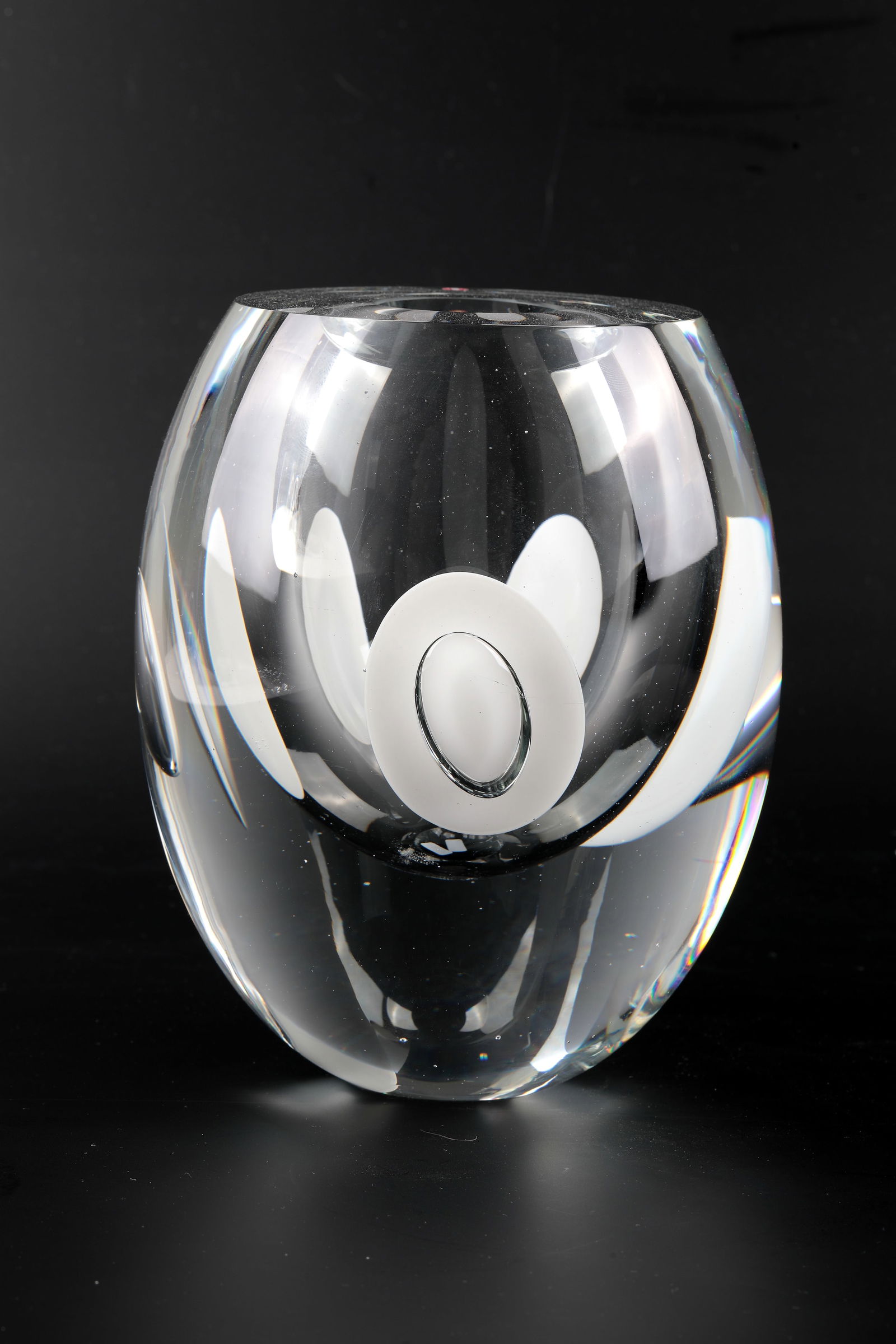 Vase ''Claritas'': Vase ''Claritas'' Timo Sarpaneva (design), Ittala, 1990 Thick-walled, colourless glass with frosted glass inclusions behind three olive-shaped, pierced air bubbles. Engraved in the bottom inscribed: