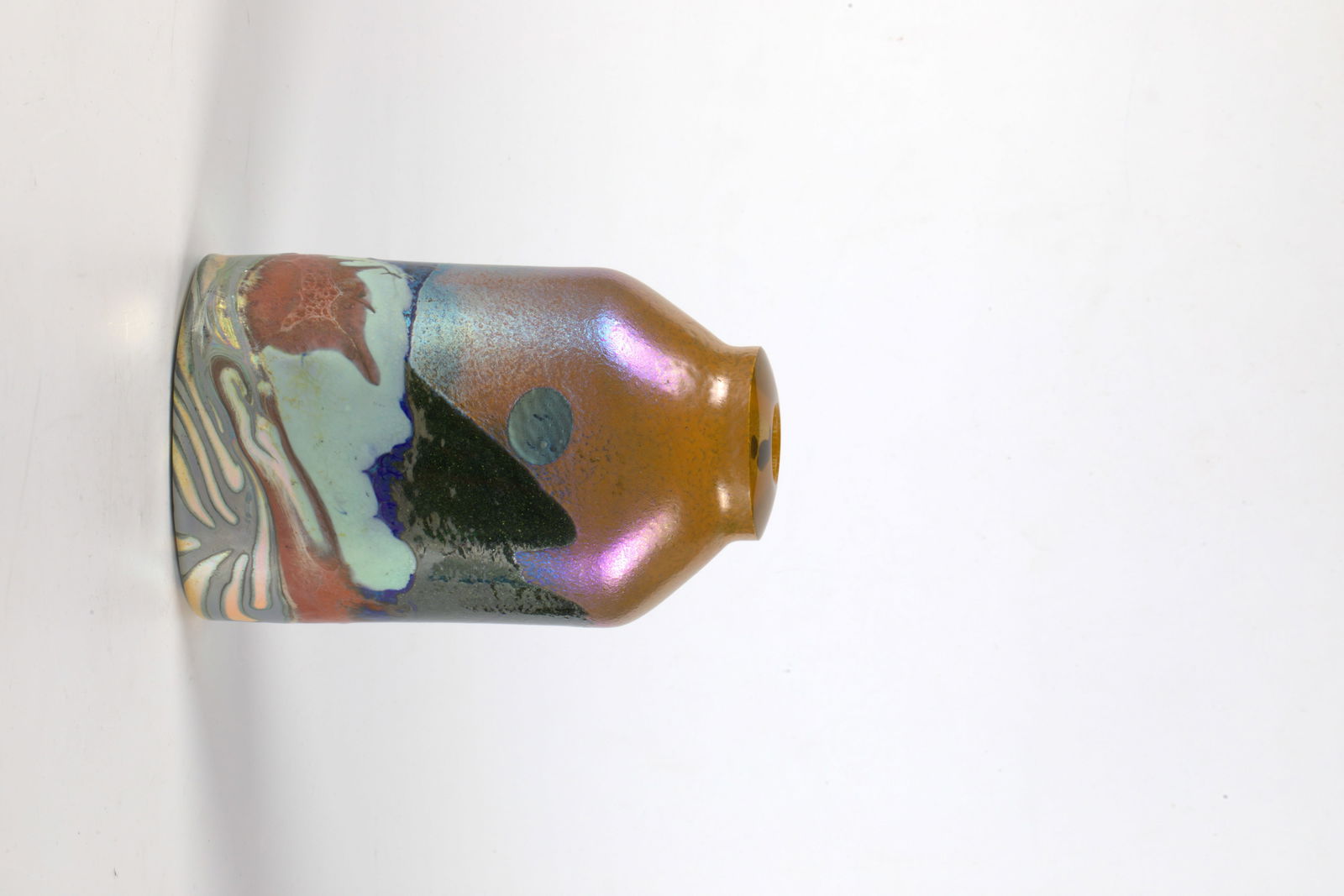 Vase ''Landscape'': Vase ''Landscape'' Jack Ink, circa 1982 Colorless thick-walled glass. Colour and oxide melting, partly combed, strongly iridescent. Signed and inscribed in vibro-engraving: Jack Ink 1335. H. 20 cm. Li