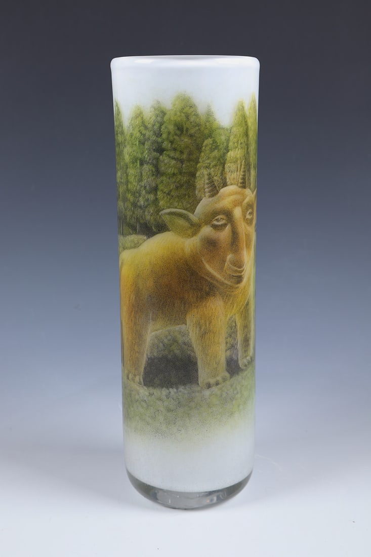 Pole vase: Kazumi Ikemoto rod vase, 2003 Colourless glass, underlaid with milky white opal. Circumferential décor in coloured painting. Signed and dated in engraving above the stand: K. Ikemoto 2003, h. 34.5