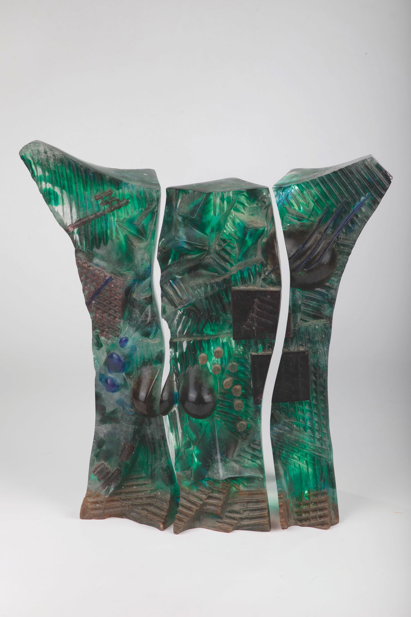 3-part object: 3-part object Etienne Leperlier, 1991 Pâte de verre in colourless, green, blue and amber. Relief decoration in 'cire perdue' technique (lost wax casting). Sanded and polished. Signed in engraving