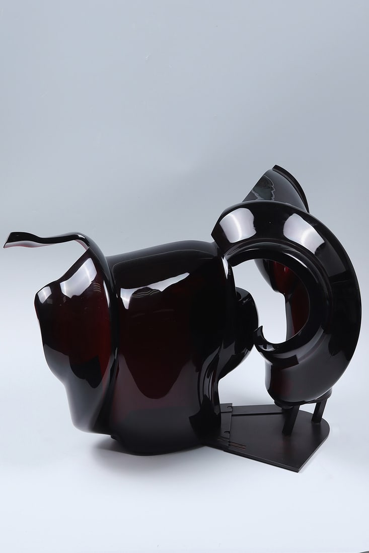 Glass sculpture ''Figural Composition'' Jan Fisar, 1990: Glass sculpture ''Figural Composition'' Jan Fisar, 1990, 2 parts. Lowered copper ruby red hollow glass, ground and polished. Metal base. Signed and dated in diamond crack: Fisar '90. 50 x 61 x 54 cm.