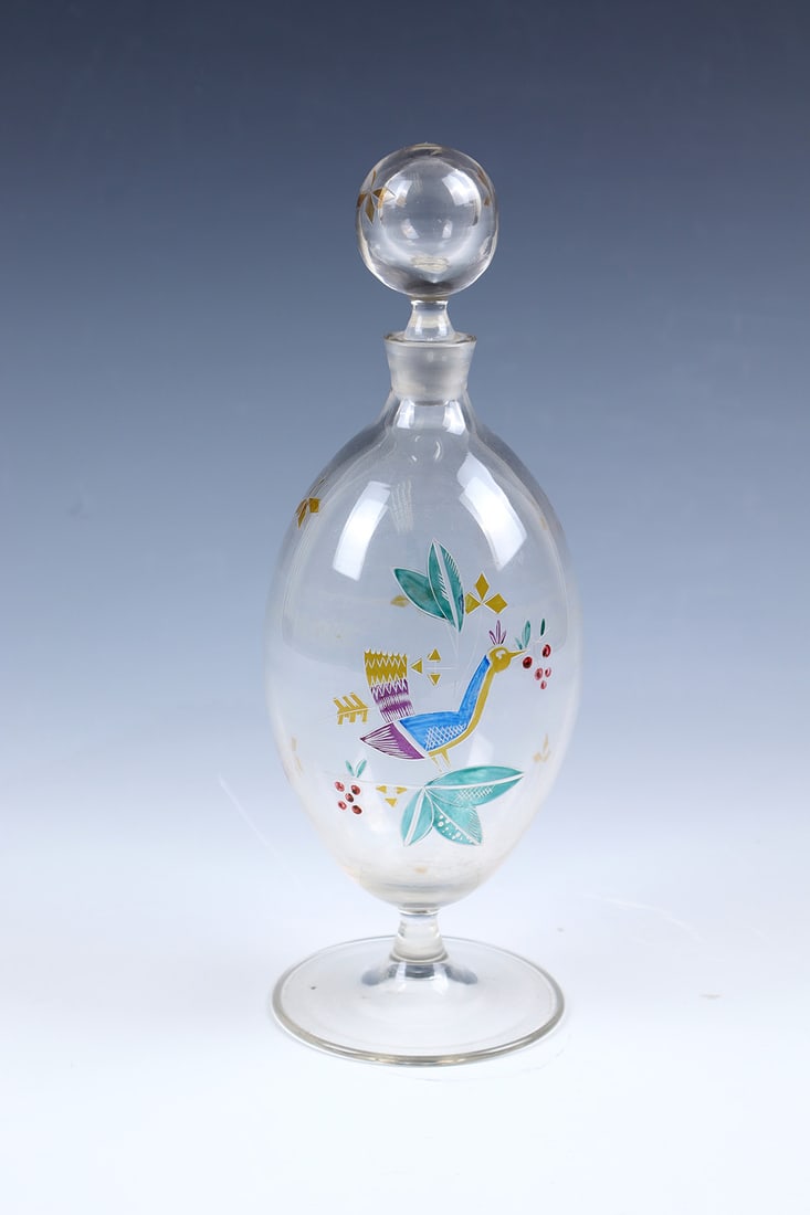 Bottle with stopper: Bottle with stopper Stanislav Libenský (attributed), Nový Bor, c. 1946 - 1948 Colourless glass blown into the mould. Finely engraved and transparent polychrome enamel decoration on the wall: stylise