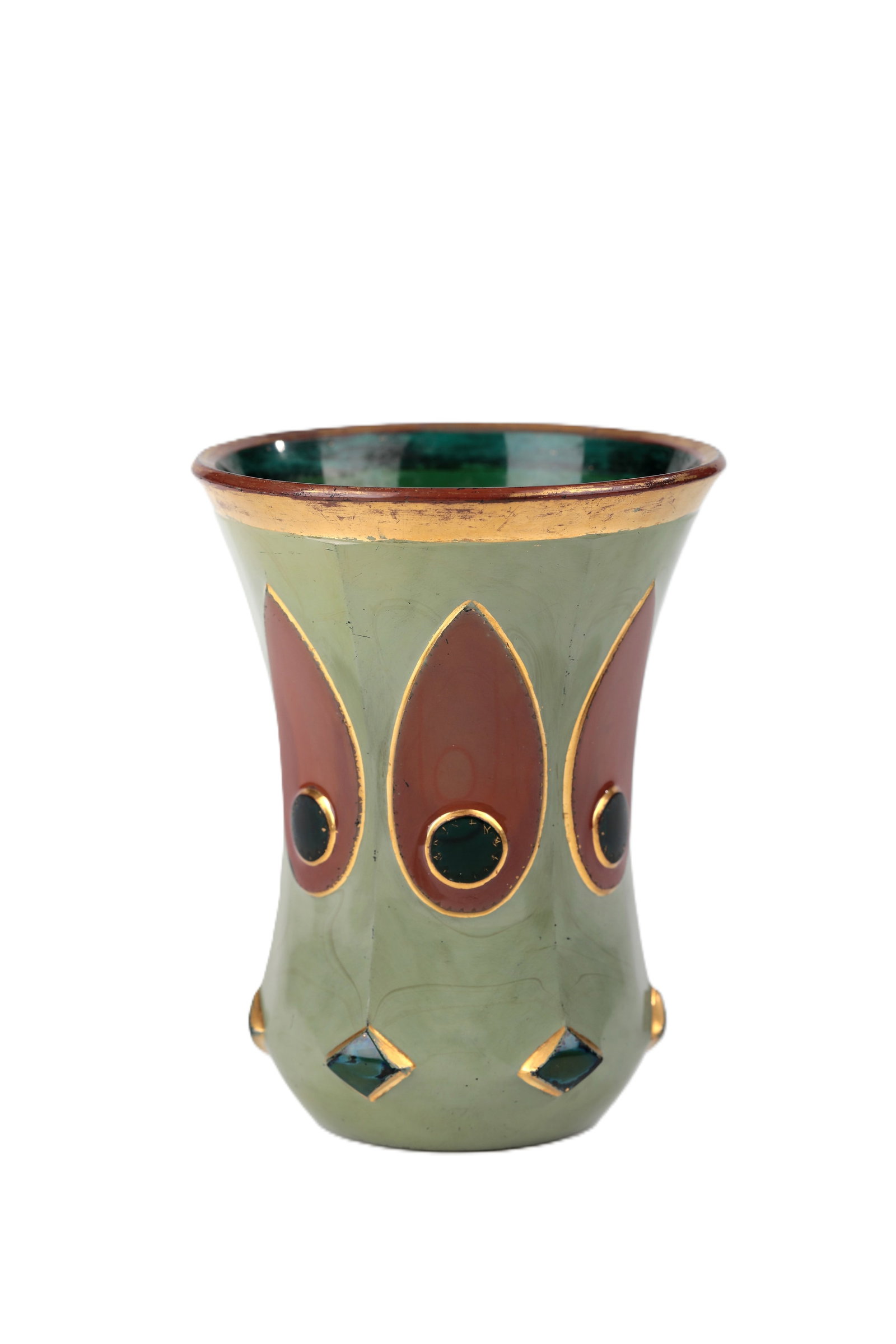 Lityalin Mug: Lityalin beaker Friedrich Egerman, Blottendorf or Haida, glass Harrach'sche Hütte, Neuwelt, c. 1830-1835 Slender, bell-shaped body made of transparent green glass, yellowish-green stained on the outs