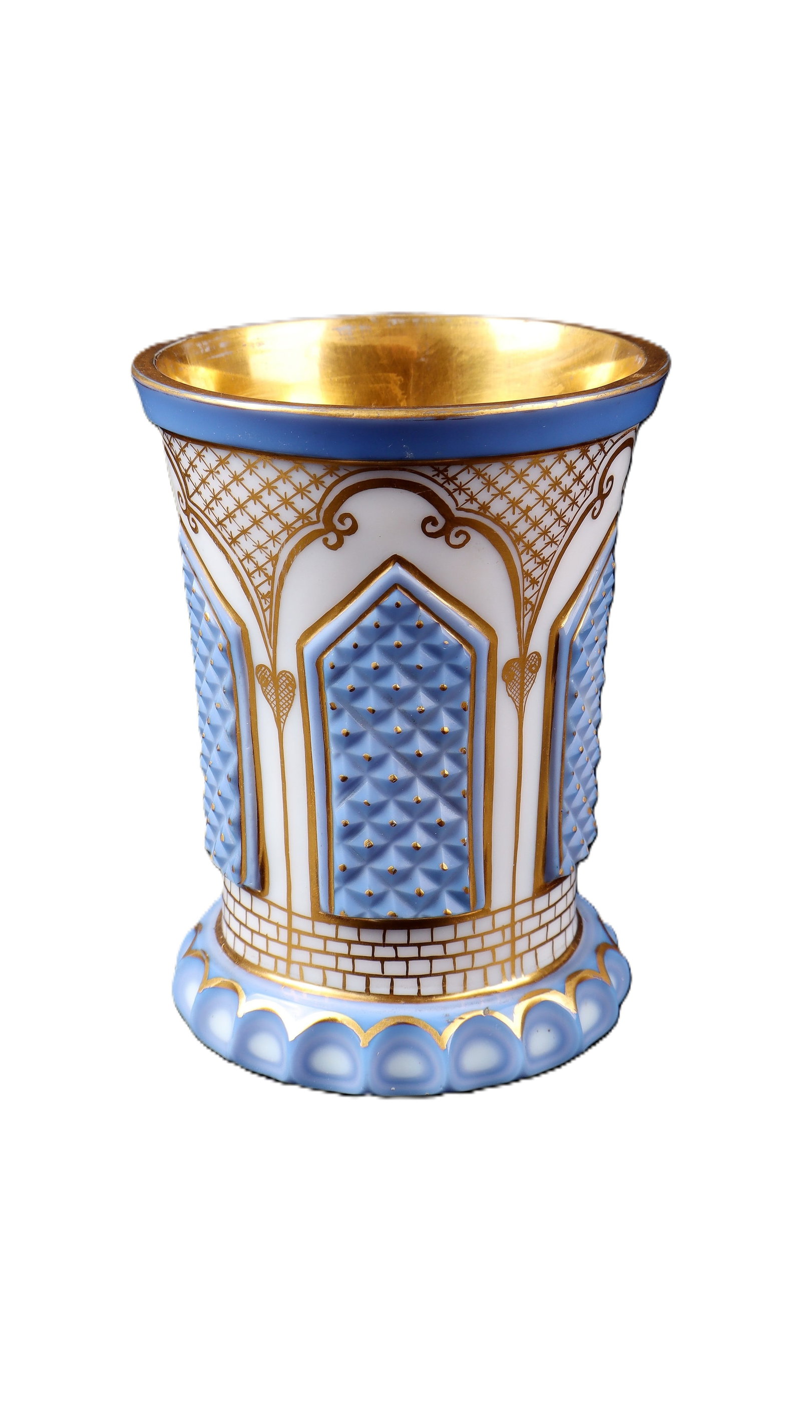 Rare Stone Glass Mug: Rare stone glass beaker Friedrich Egermann, Blottendorf or Buquoy'sche Glashütten, c. 1835 Frosted glass with agatine opal overlay, ornamentally cut, gold trimmed. Multi-rayed ground star, Ranft