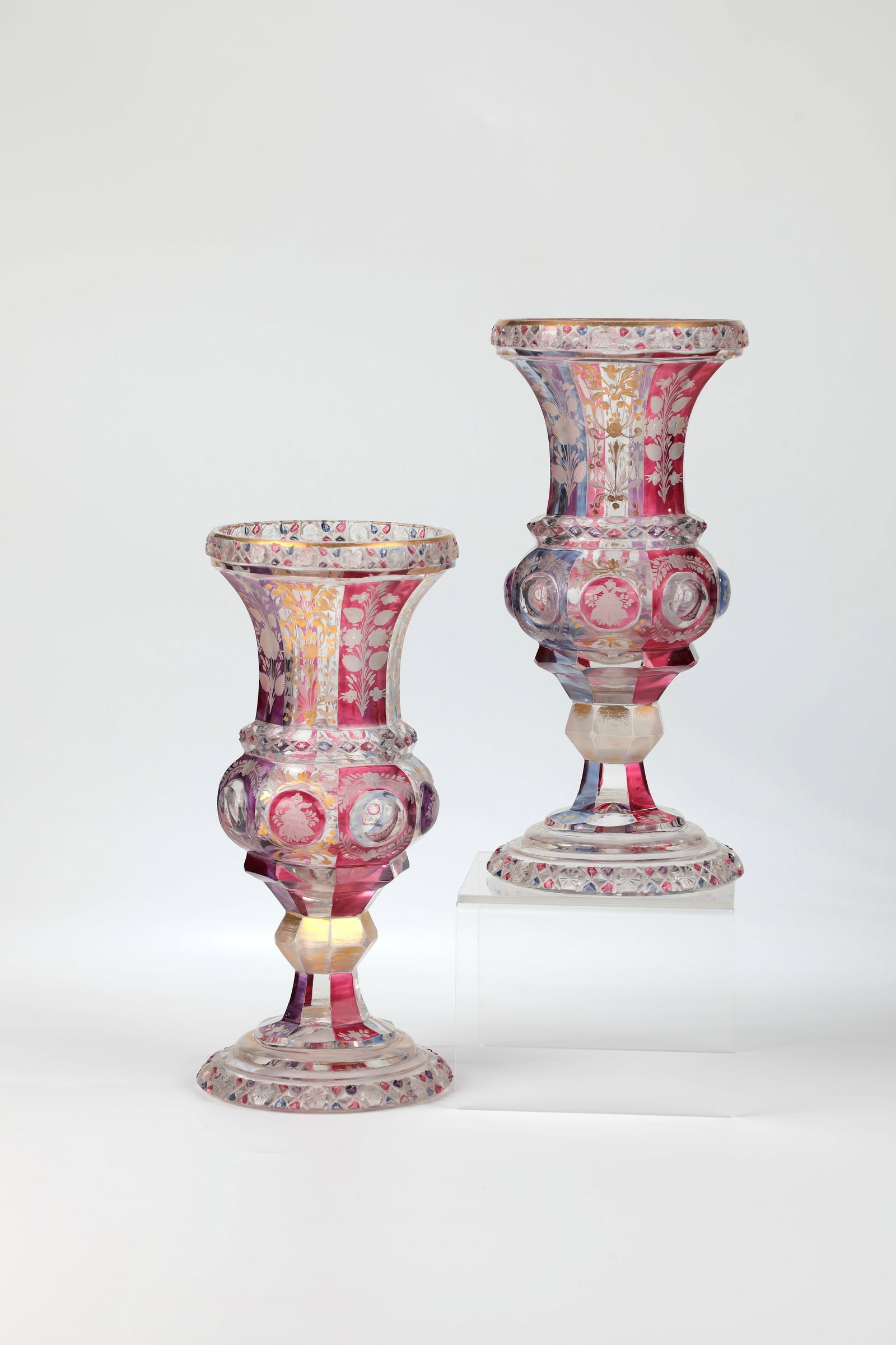 Pair of baluster vases: Pair of baluster vases Glass Gräflich Harrach'sche Glasfabrik Neuwelt, décor Friedrich Egermann Haida around 1835 Colourless, richly cut glass with glaze decoration in pink, violet and blue as well