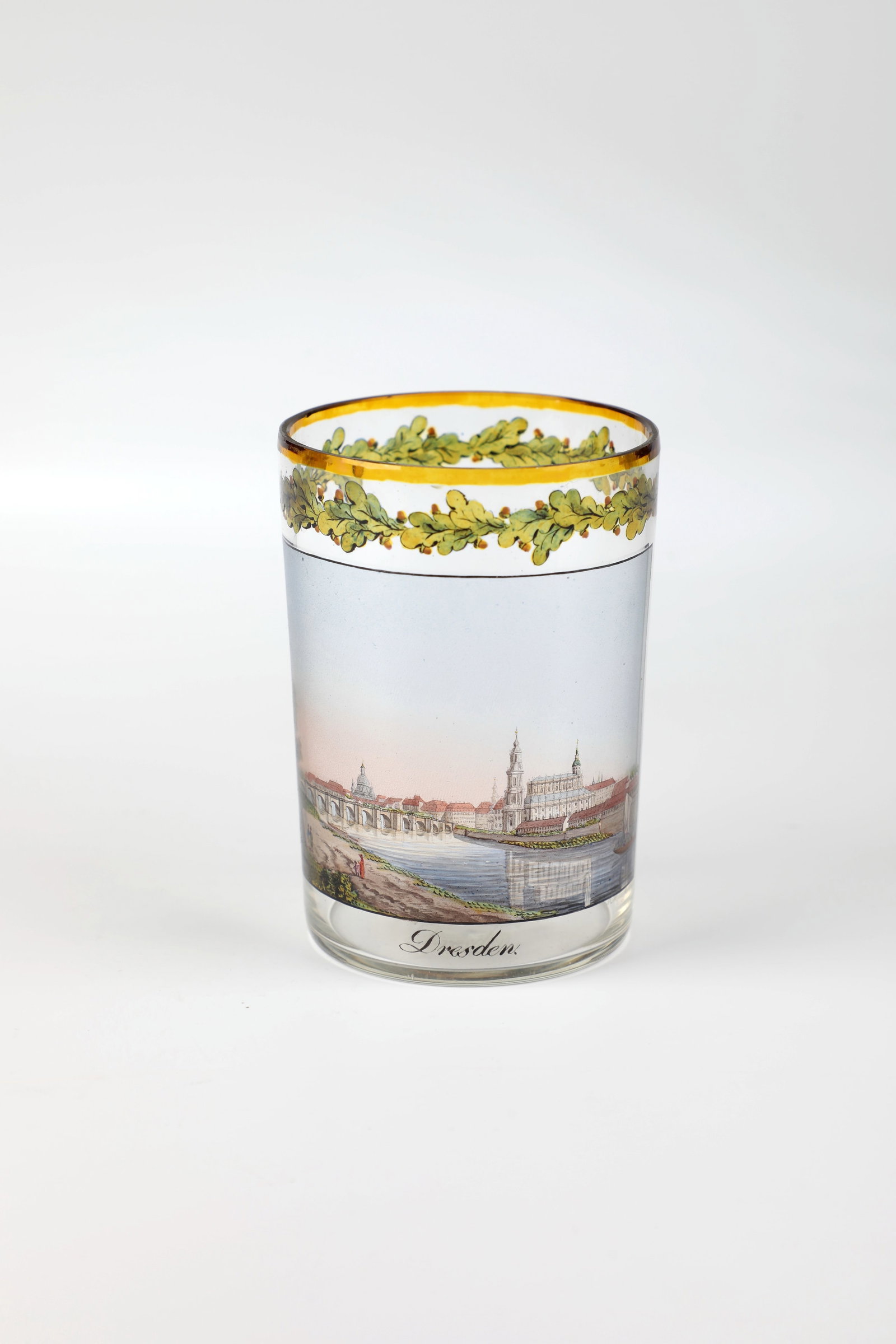 Cylinder cup with veduta painting from Dresden: Cylinder beaker with vedute painting by Dresden Dresden, Samuel Mohn, dated 1812 Colourless, thin-walled glass. On the cylindrical wall, a rectangular, black-contoured pictorial field with a