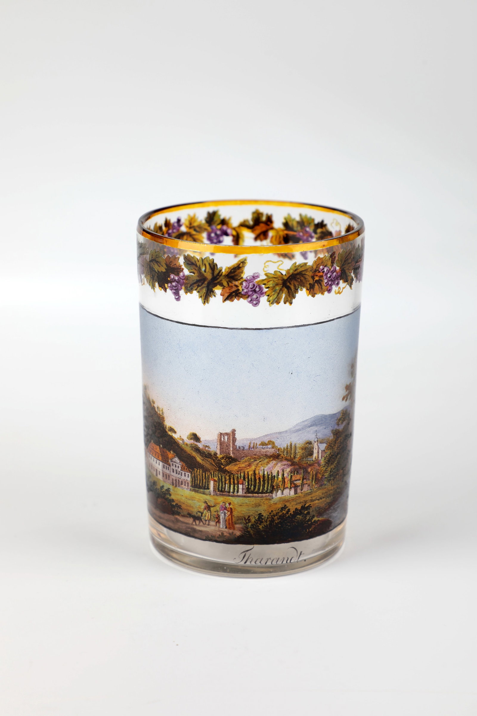 Cylinder Beaker with Vedute by Tharandt: Cylinder beaker with vedute by Tharandt Samuel Mohn, Dresden around 1810 Colourless glass. Very fine translucent enamel painting on the front of the cylindrical wall in a black-framed rectangular fiel