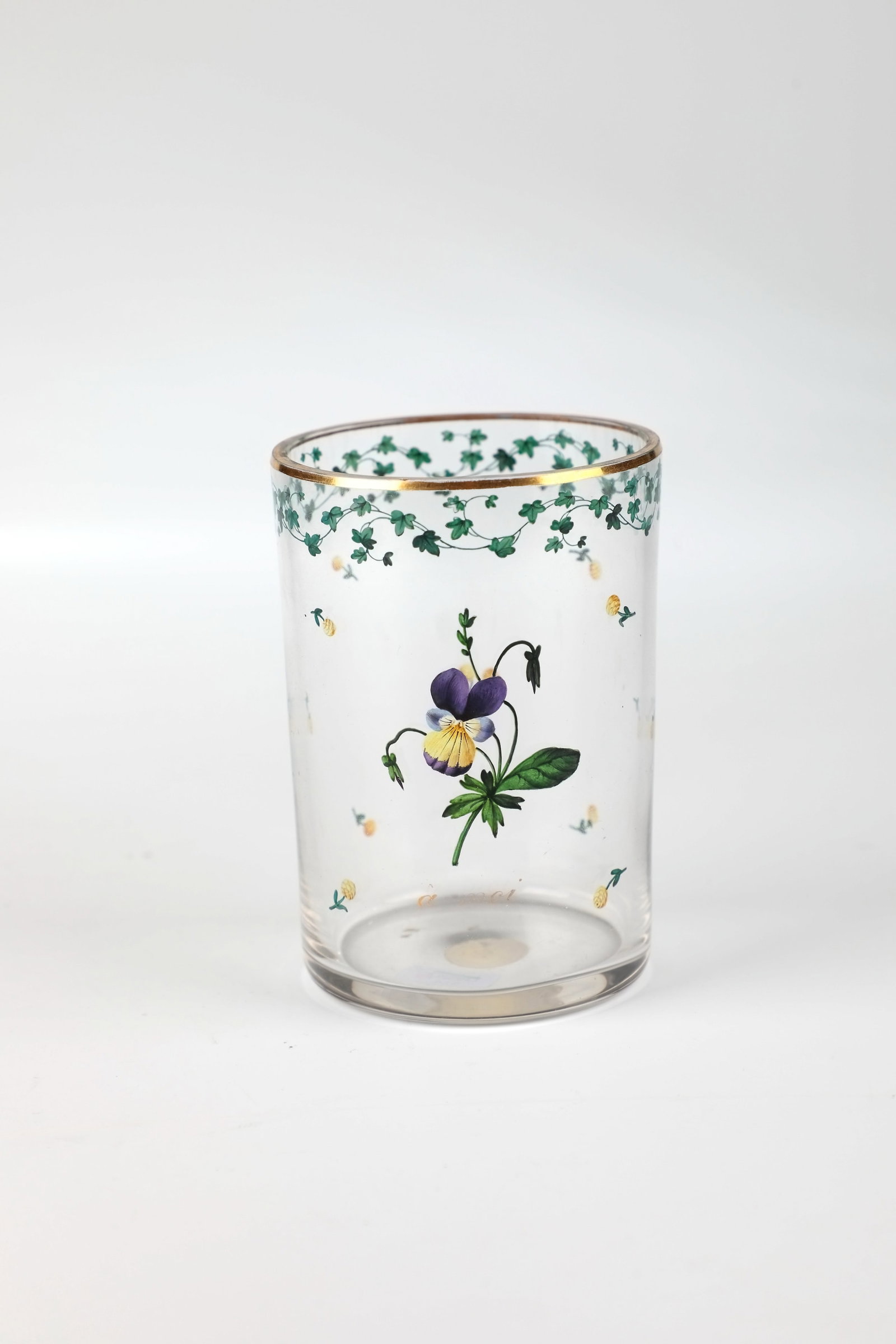 Friendship Mug: Friendship cup Anton Kothgasser, Vienna around 1815 Colourless glass. Pansy branch on the cylindrical wall and scattered flowers in transparent enamel painting all around, with the inscription ''à mo