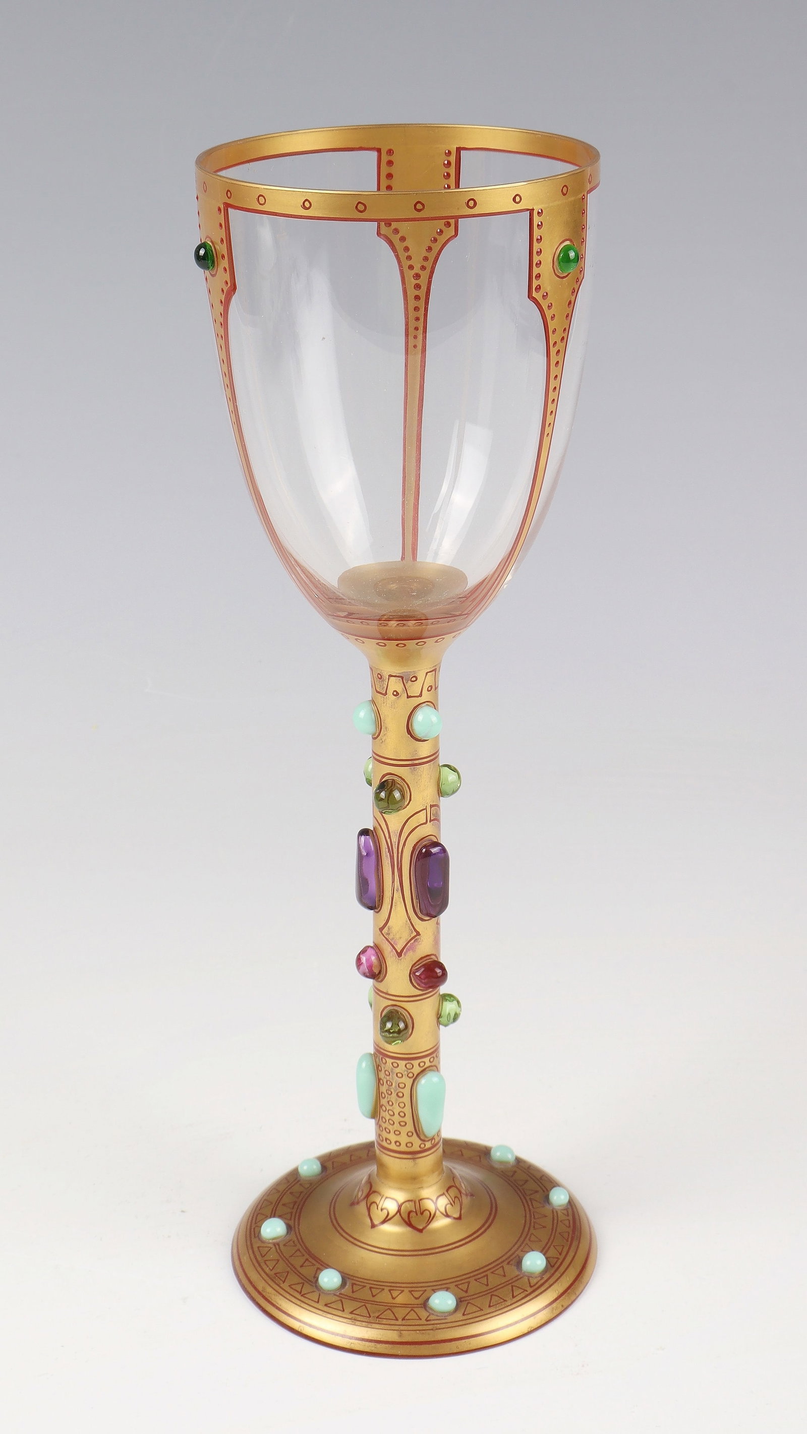 Goblet from the luxury series ''Byzantine Glasses'': Goblet from the luxury series ''Byzantine Glasses'' Georg Carl von Reichenbach (design), crystal glass factory Benedik von Poschinger, Oberzwieselau, around 1906 Colourless glass with applied coloured