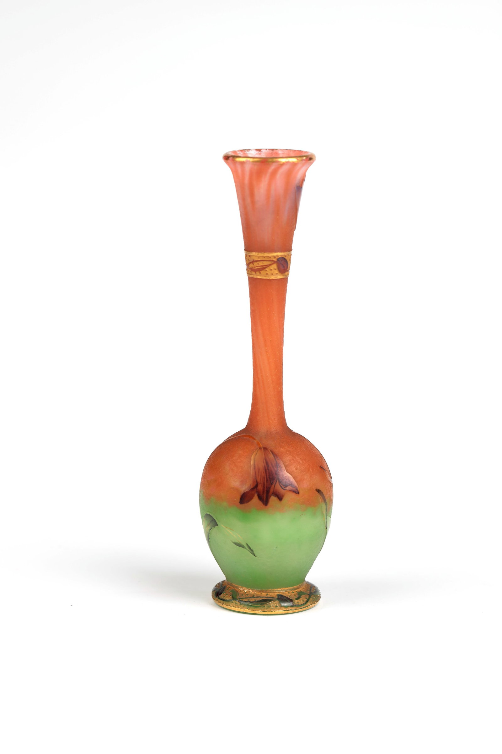 Small Long Neck Vase ''Coquelicot'': Small Long-Neck Vase ''Coquelicot'' Daum Fréres, Nancy, circa 1900 Colorless glass with light green and orange powder inclusions. Etched, finely painted with cold enamel and partly gilded, painted