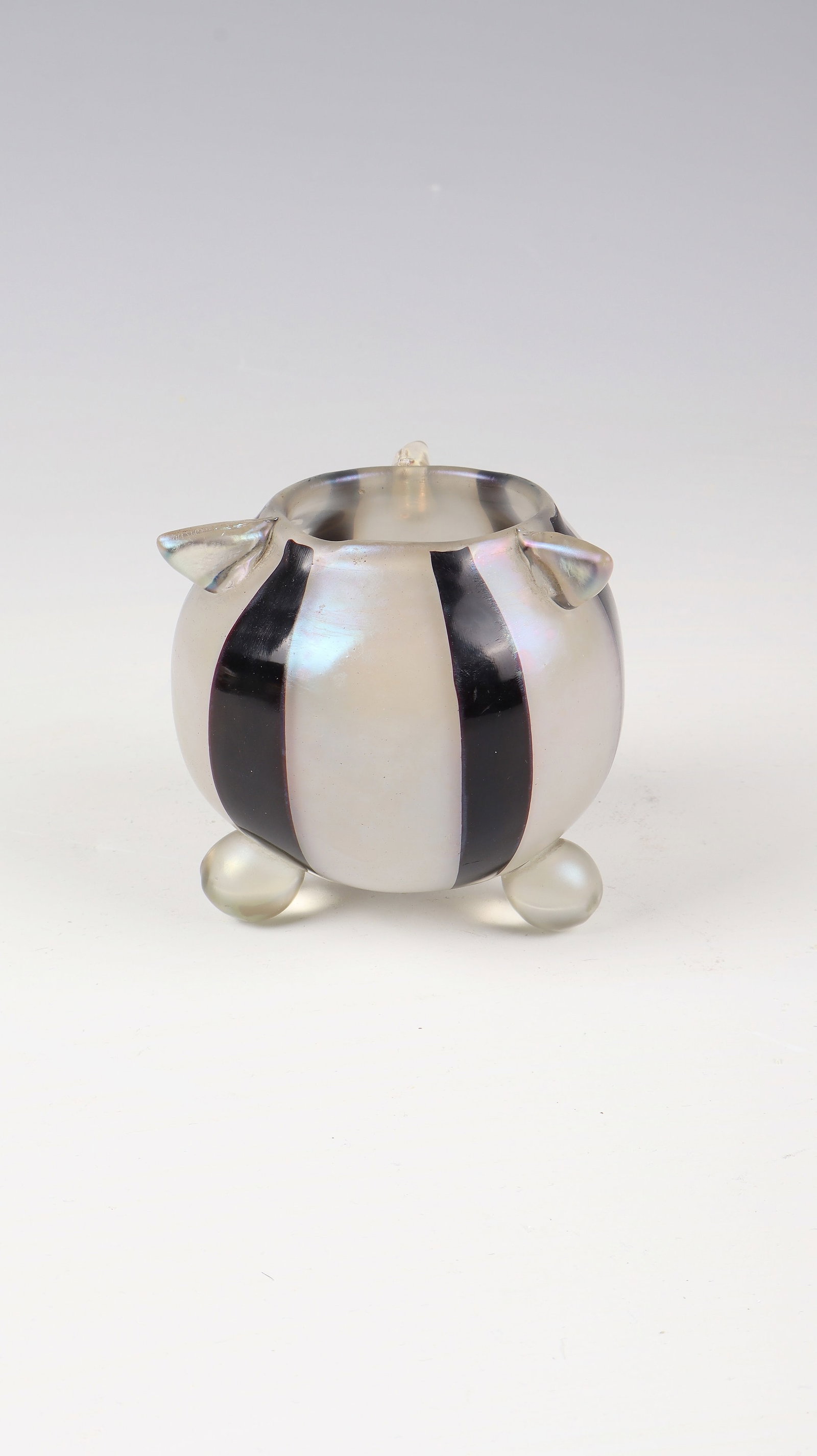 Rare Small Vase with Decoration ''Zebra (Opal with Black Stripes)'': Rare small vase with decoration ''Zebra (opal with black stripes)'' Kolo Moser (design), Loetz Wwe., Klostermühle for E. Bakalowit's sons, Vienna, c. 1903 On a thin opal glass underlay, colourless