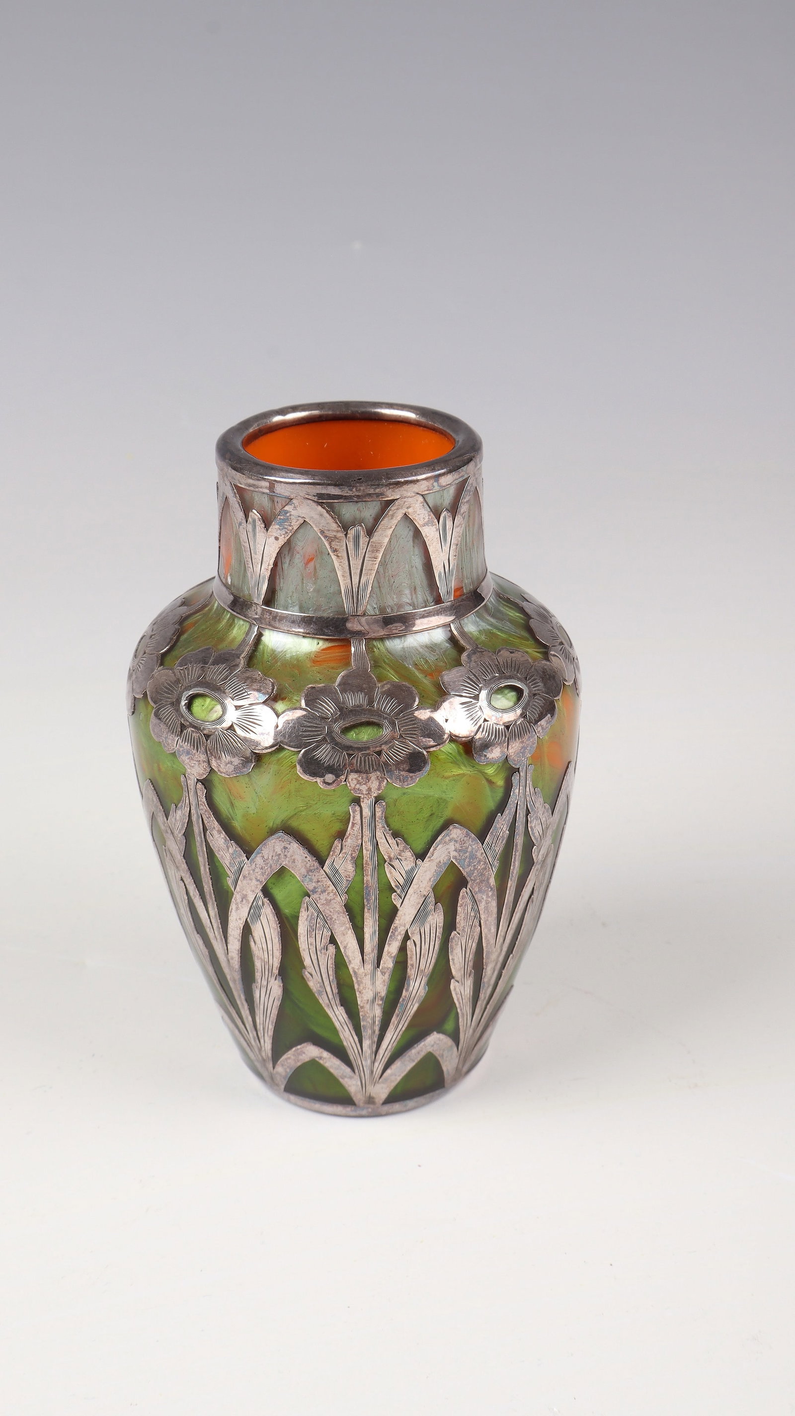 Vase with galvanized fine silver decoration ''Titania orange opal with leaf green Gre 4212'' (1 of 1)