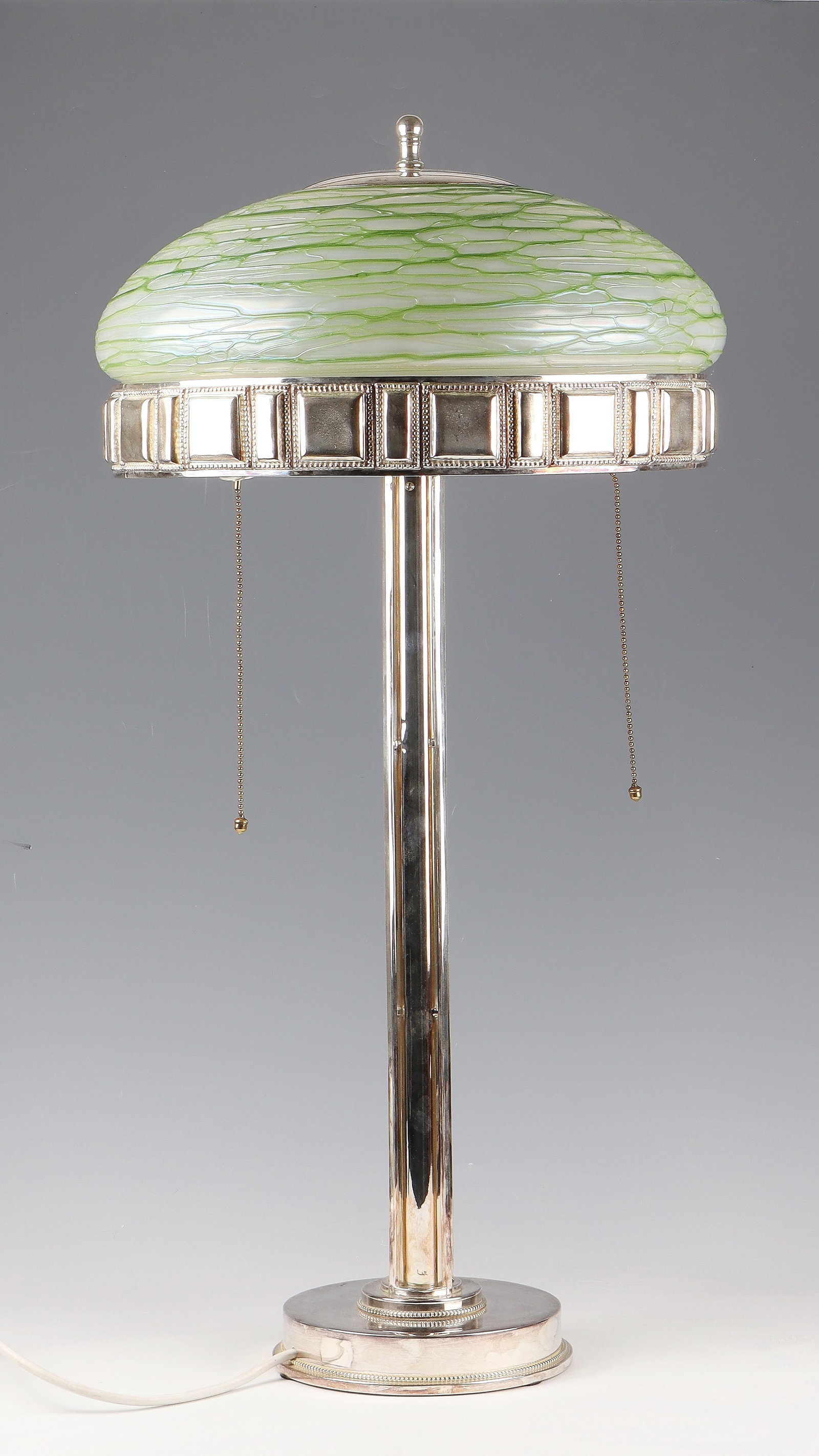 Table Lamp: Table lamp Hans Ofner (design attributed), Vienna, c. 1905 white metal, silver-plated. Round, stepped stand with all-round pearl rim decoration. Starting from a central, slender column shaft, framed