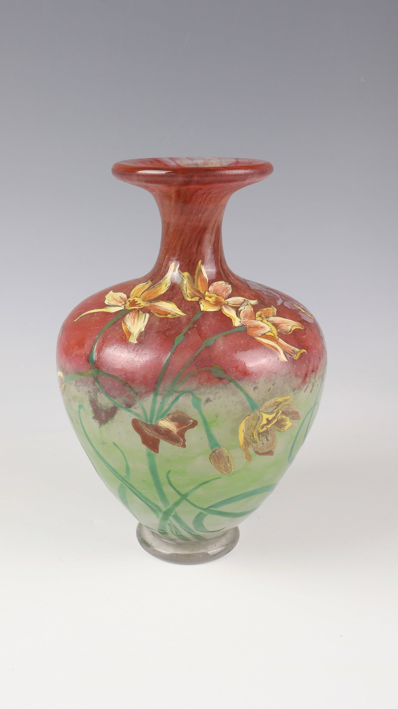 Vase ''floral'': Vase ''floral'' Désiré Christian & Sohn (attributed), Meisenthal, c. 1900 Colourless glass with orange-red and green powder inclusions. Decoration etched in relief, painted with reduction paint: flo