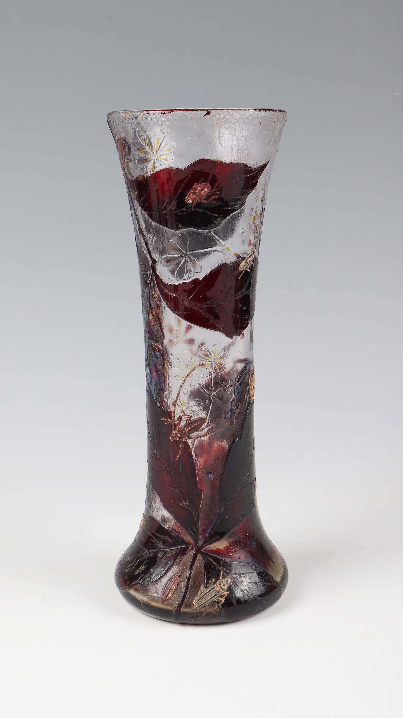 Vase ''Aux Feuilles De Vigne'': Vase ''Aux Feuilles De Vigne'' Verreries Réunies de Vallerysthal et Portieux, Lorraine, c. 1895-1900 Colourless glass with copper ruby red overlay. Etched décor all around: tendrils and fruits of th