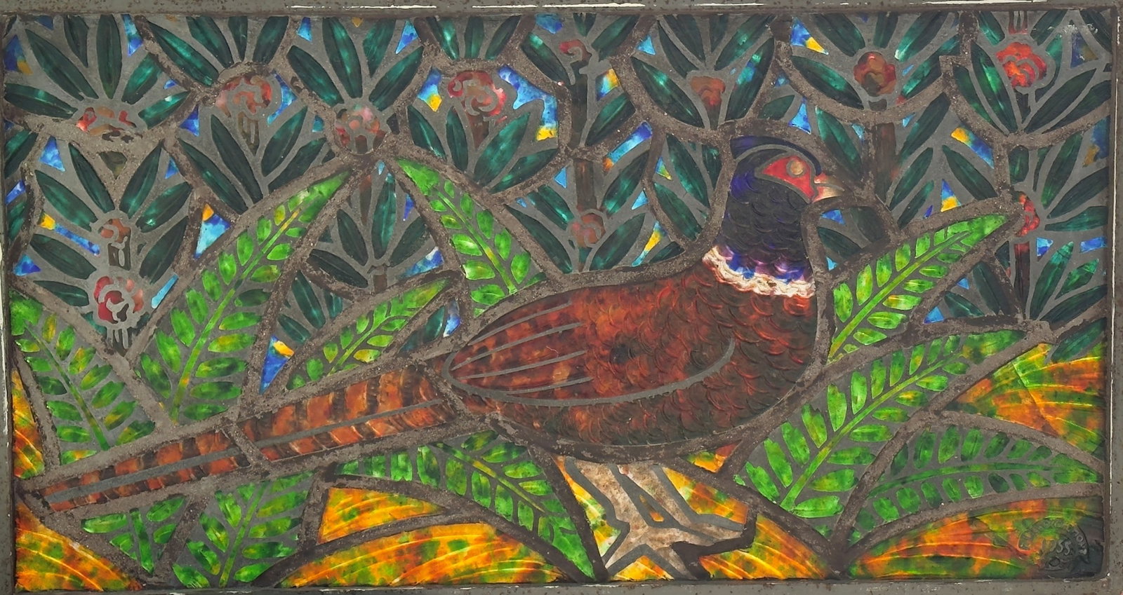Glass picture with pheasant: Glass picture with pheasant François Émile Décorchemont, Conches, 1955 Pâte de verre, melted, the separating bars cemented. Polychrome depiction of a pheasant in the wild. Inscribed and dated on t