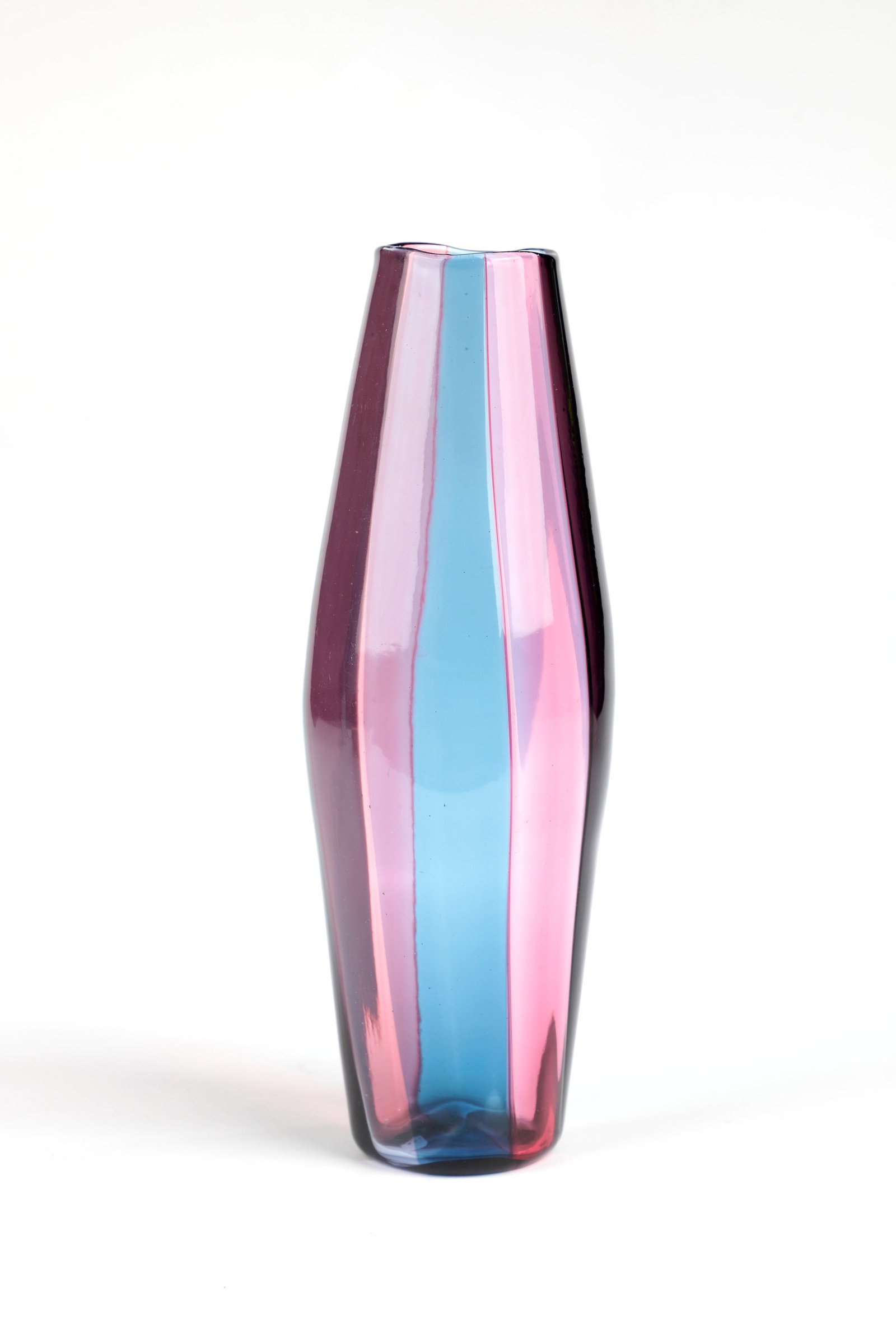 Vase ''a spicchi'': Vase ''a spicchi'' Fulvio Bianconi (design), Venini, Murano, c. 1953 Colourless glass with vertical ribbon melting in violet, gold ruby pink and aquamarine blue. Underside inscribed: venini murano ITA