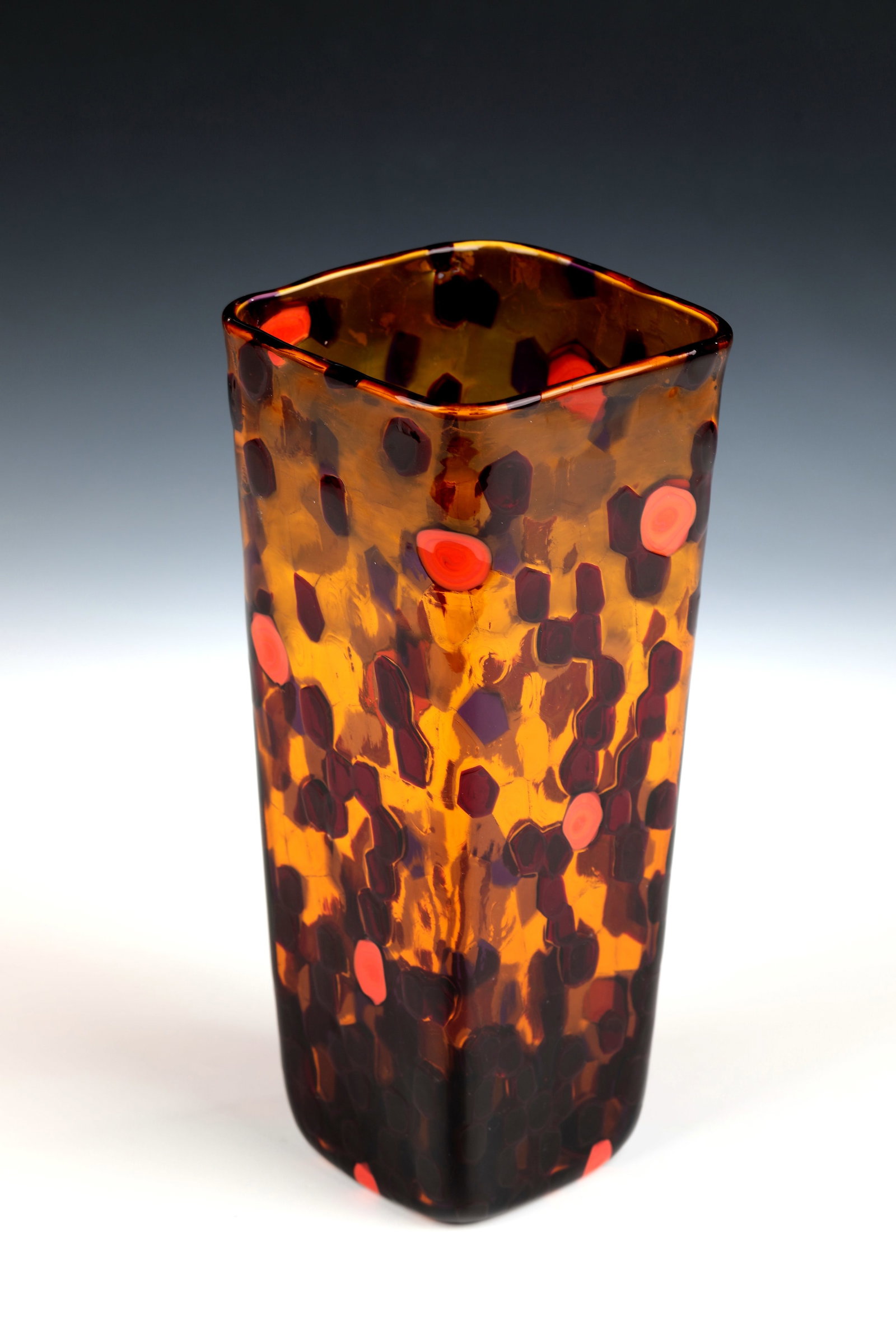 Vase ''Marte'': Vase ''Marte'' Gianni Versace (design), Venini, Murano, 2001 Colourless glass with melted murrine in ruby red, purple, orange and honey yellow. Original stickers of the manufactory. Vibro-engraved