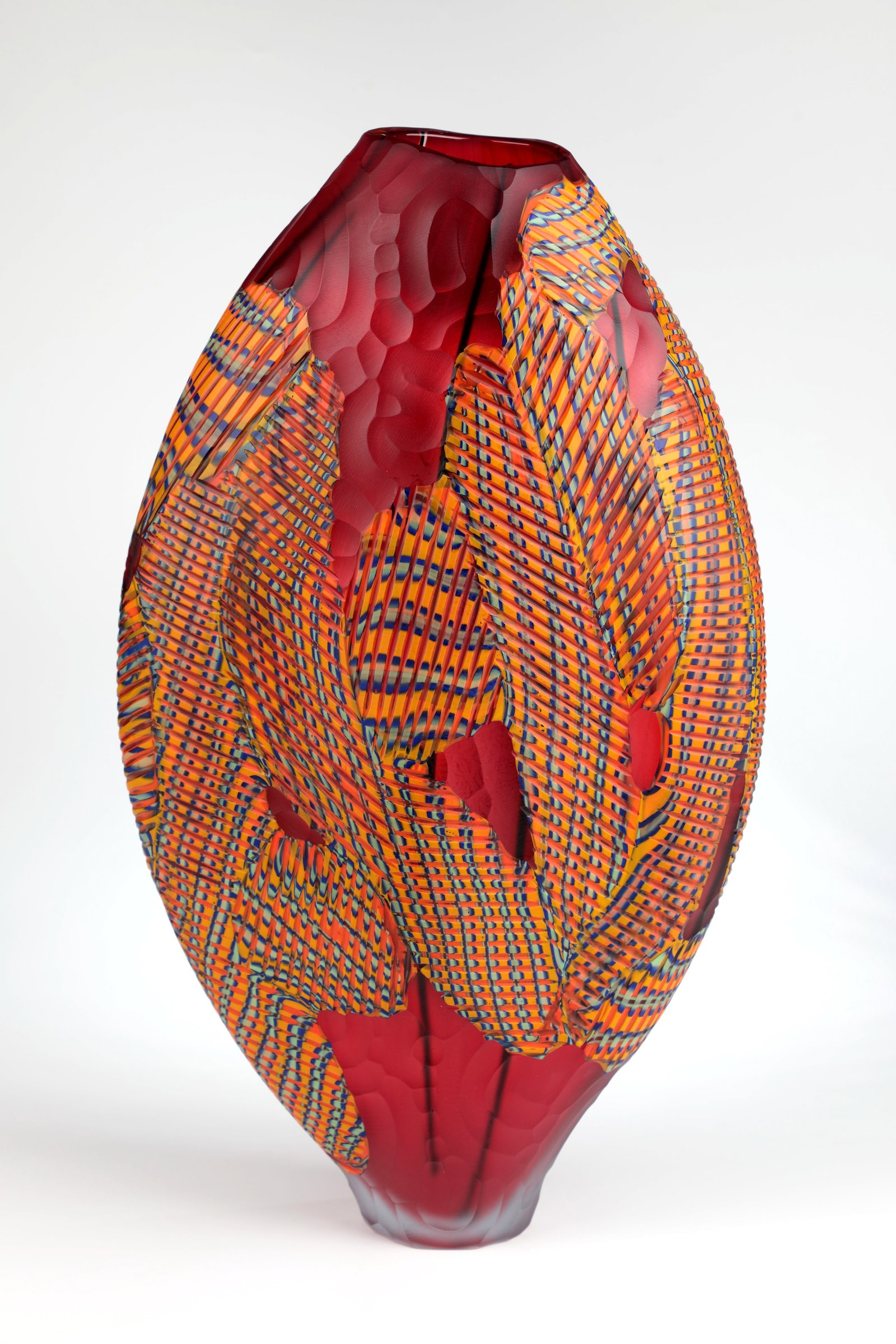 Large Vase: Large vase Marco & Mattia Salvadore, Murano, ca. 2018 Colourless glass, ruby red underlay. All-round polychrome ribbon smelting with cut decoration. The wall cut and matted. Signed engraved in the