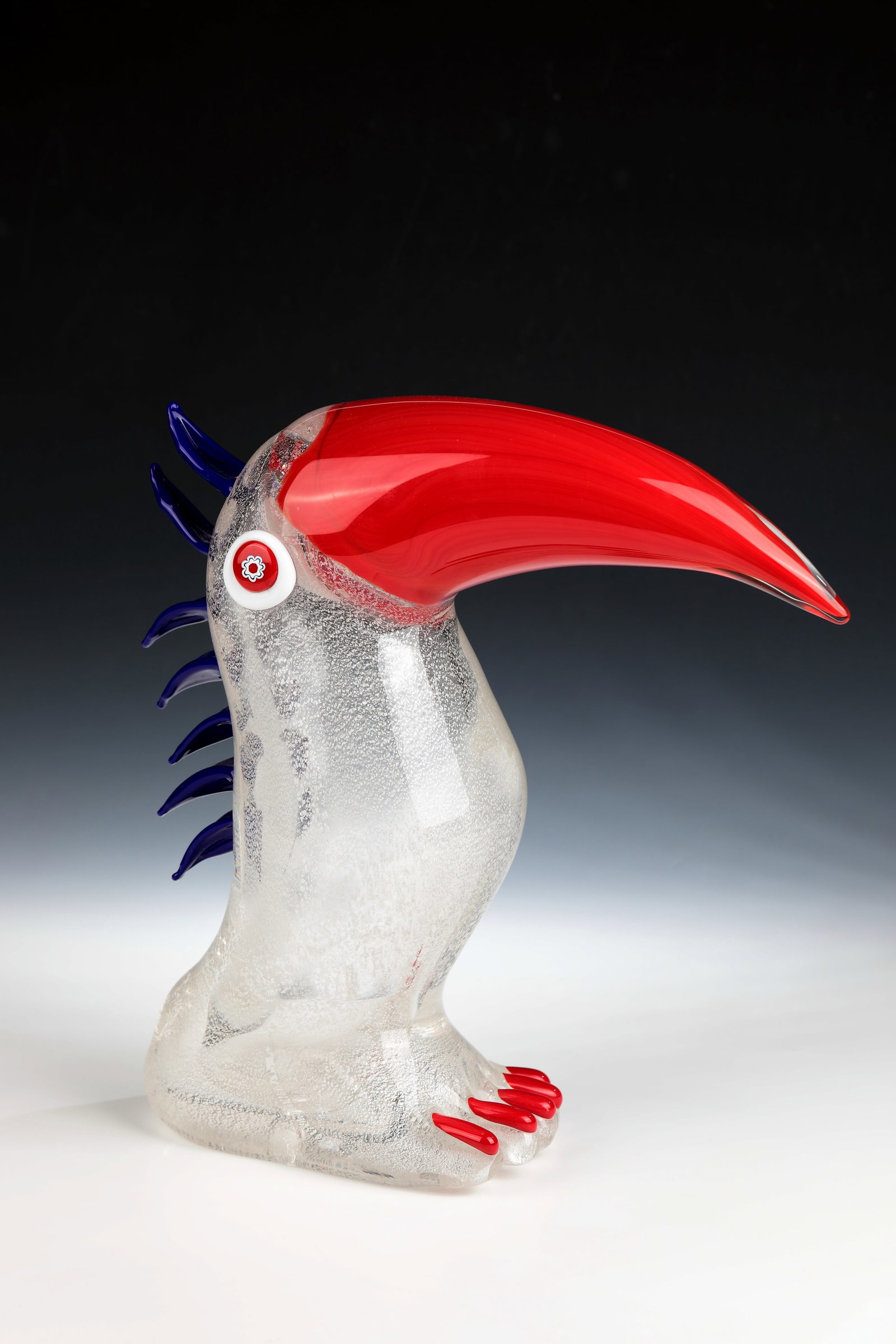 ''Footbird'': ''Fussvogel'' Robert Zeppel-Sperl for Berengo Fine Arts, Murano, 1995 Colourless glass with cracked, silvery metal foil melting, partial overlay marbled in opaque shades of red between the layers,