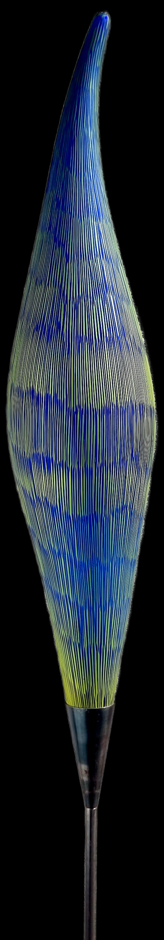 ''Guardiano'': ''Guardiano'' Philip Baldwin & Monica Guggisberg, Nonfoux, 1989 Colourless glass, dark blue underlay, yellow overlay, matt notched edge. Metal mount inscribed: B/G NONFOUX V/89. Metal stand with squar