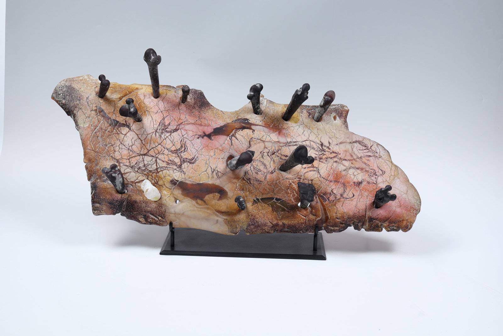 ''Artifact Shard - with bones'': ''Artifact Shard - with bones'' William Morris, 1993 Moulded glass with melted and melted coloured glass crumbs, fine-grained multi-coloured glass powder melting in white, brown tones and black, melte