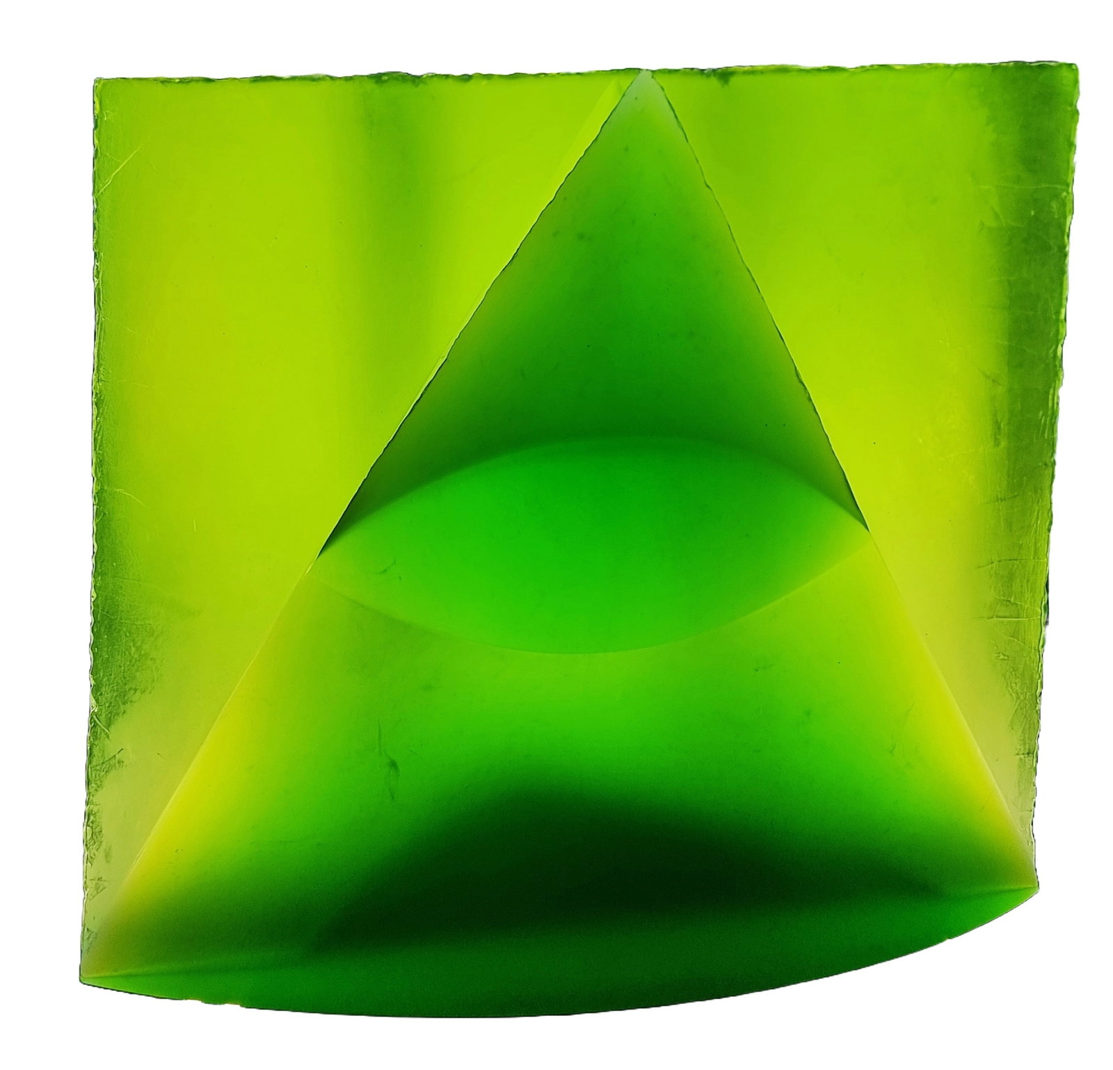 ''Green Eye of the Pyramid'': ''Green Eye of the Pyramid'' Jaroslava Brychtová and Stanislav Libenský, 1993 Green glass, cut and polished. Inscribed in vibro-engraving: S. LIBENSK? J. BRYCHTOV? 1993 3/5. 86 x 97 x 20 cm ''The