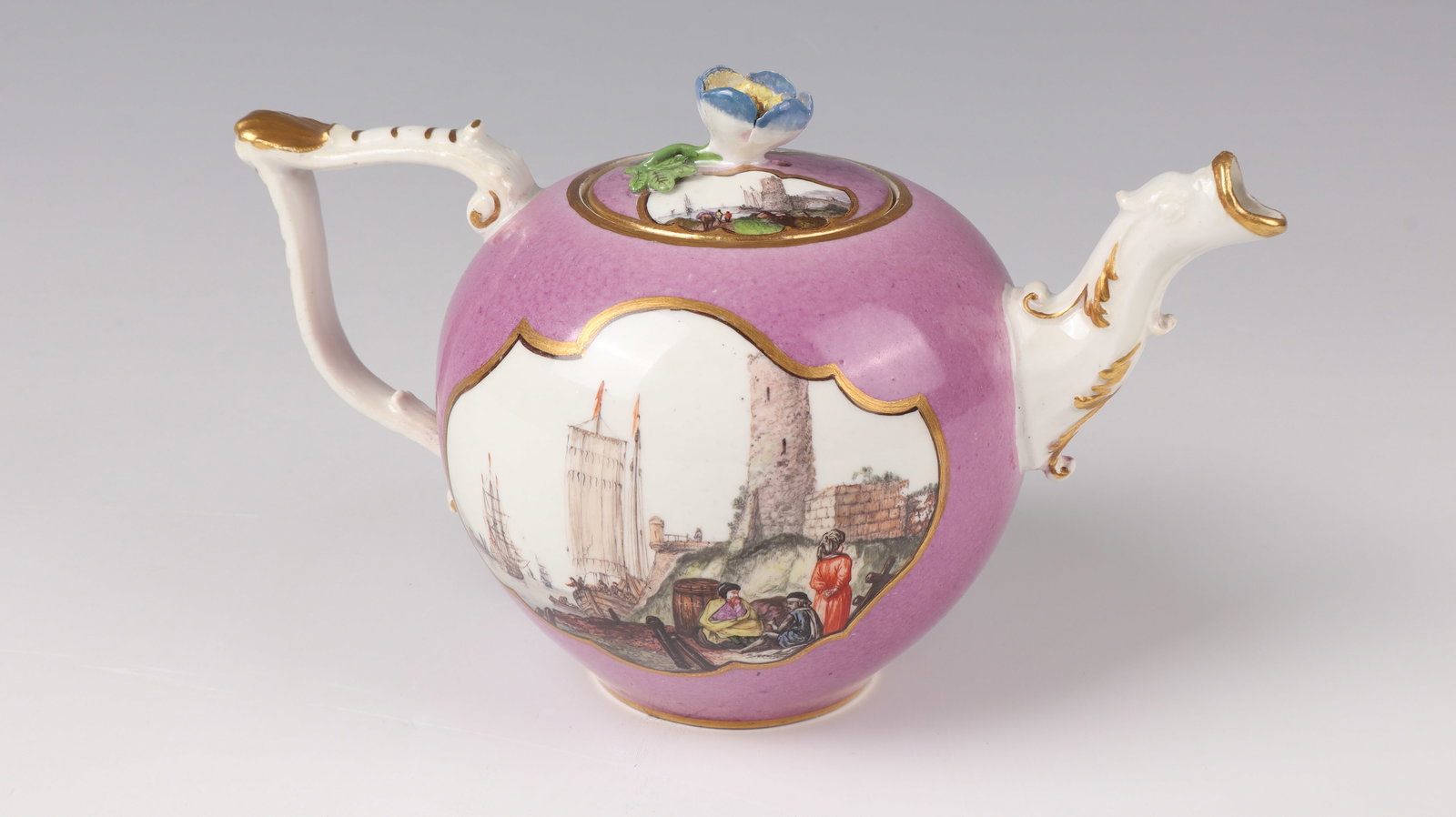 Teapot: Teapot Meissen, c. 1735-40 Bulbous body with animal head spout and decorated handle with shell, purple stock with reserves on both sides, shopping scene and landscape with peasants. Accordingly