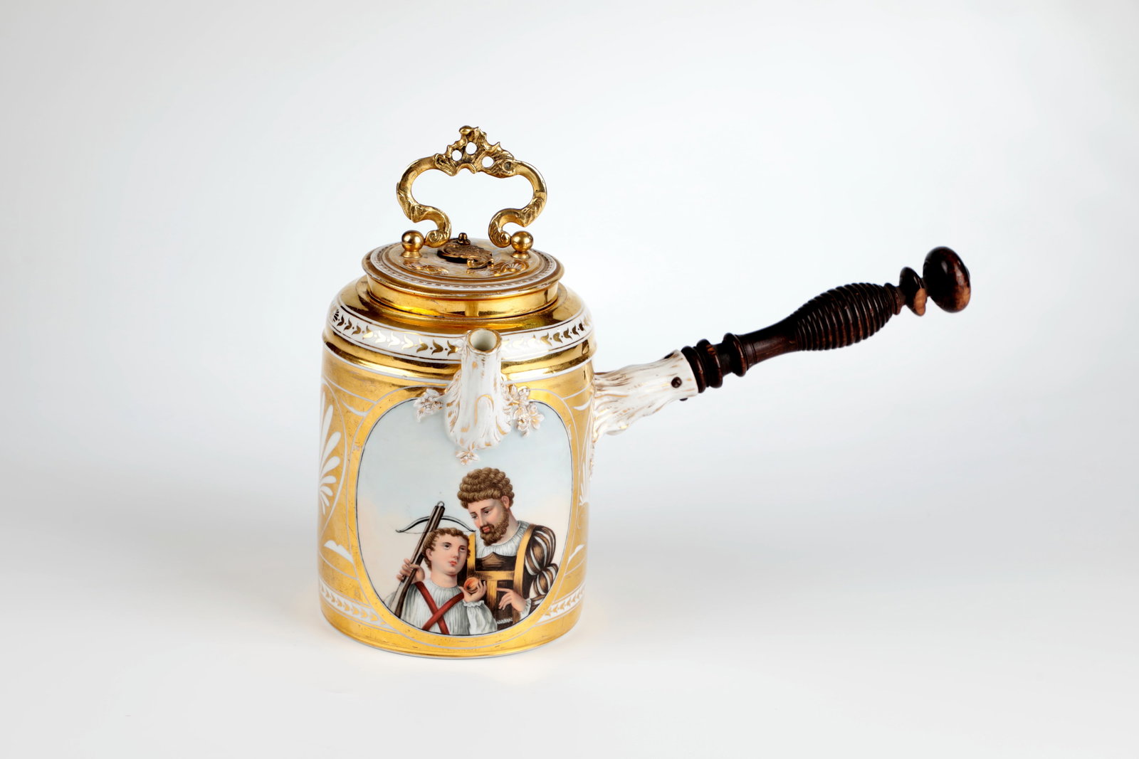 Chocolate pot with William Tell and Rüttli oath: Chocolate pot with William Tell and Rüttli oath Meissen 18th century Cylindrical shape with knot-like spout and handle attachment. Lid with central opening and sliding cover and handle bracket made