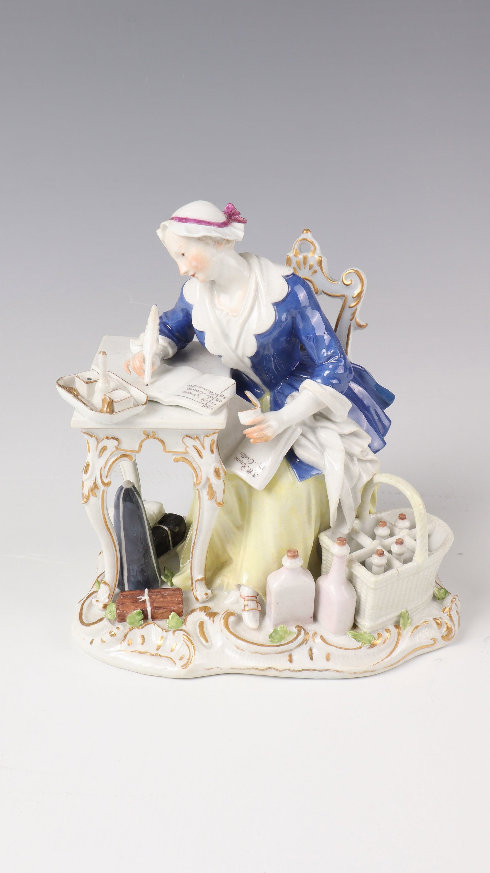 Housewife with housekeeping book: Housewife with housekeeping book Meissen around 1755, after a model by J.J.Kändler porcelain. Polychrome overglaze painting and gold staffage. Important figure of a housewife, keeping a household
