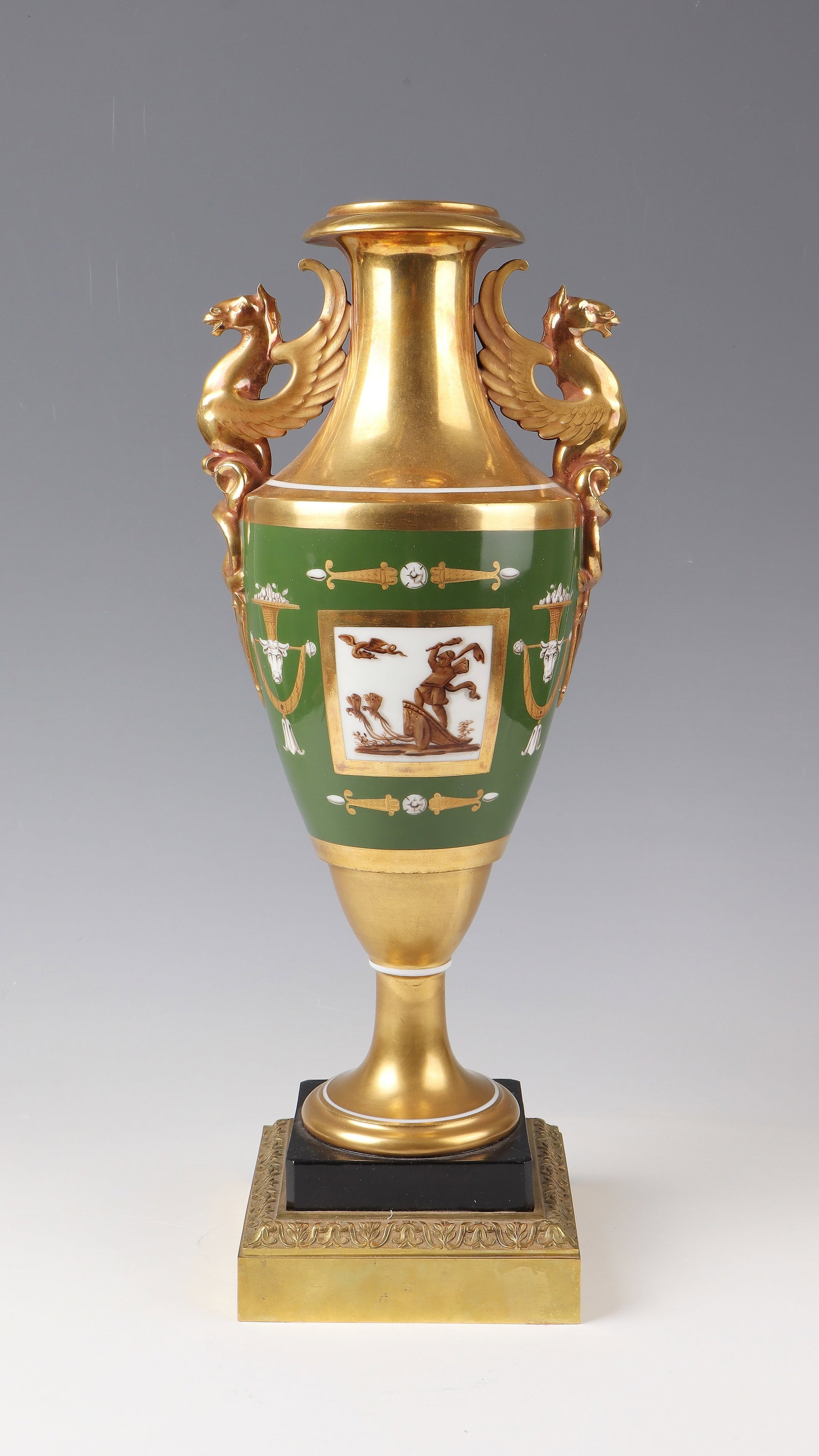 Magnificent vase: Ludwigsburg ceremonial vase, period of King Wilhelm I, 1816 - 24 Porcelain with etched, matt and shiny gilding. On moss green background sepia camaieu décor. Fired and screwed into two parts. Narrow