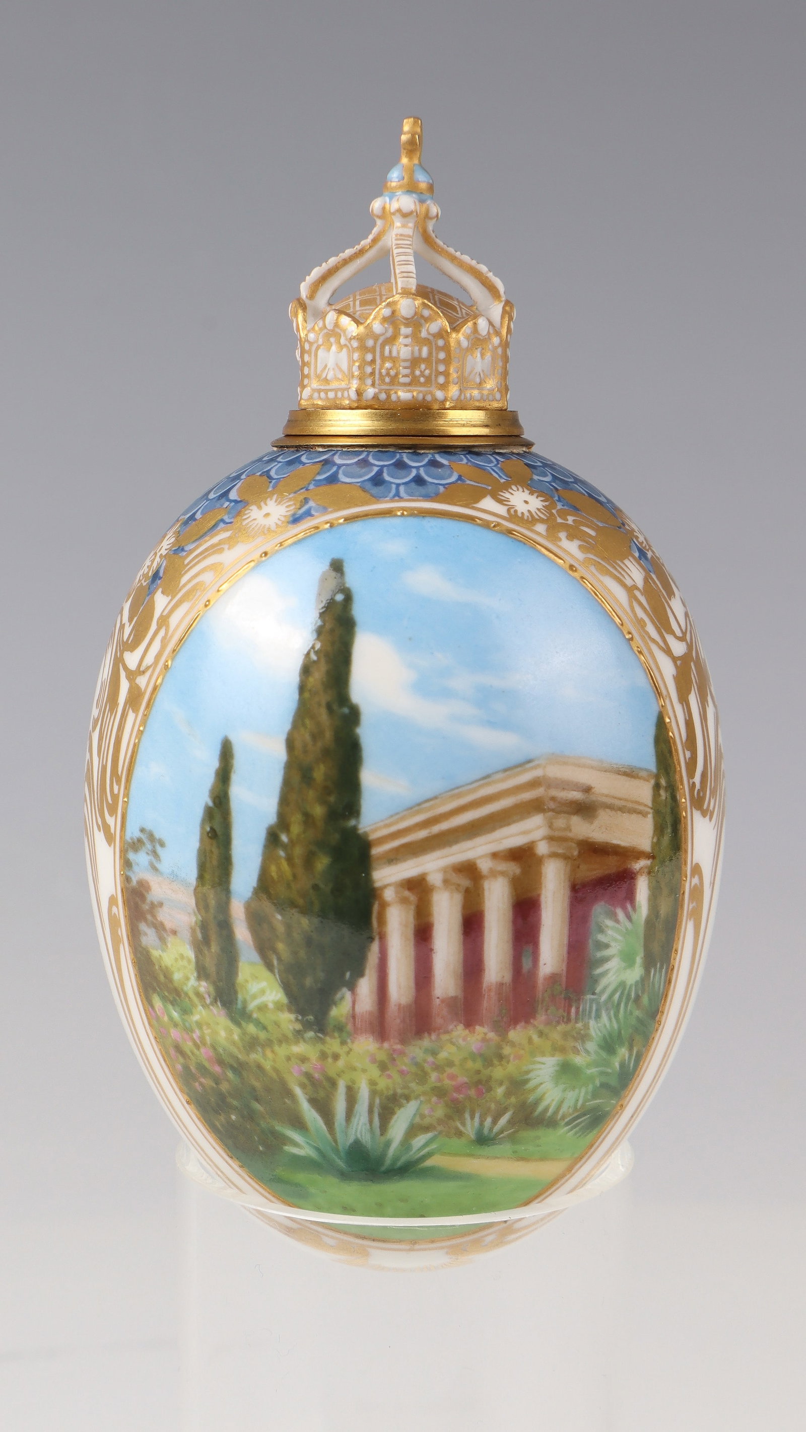 Egg-shaped porcelain bottle with southern view: Egg-shaped porcelain bottle with southern view Royal Porcelain Manufactory, Berlin, around 1900 Executed in very fine, polychrome painting, the view of an ancient temple in a Mediterranean garden is f