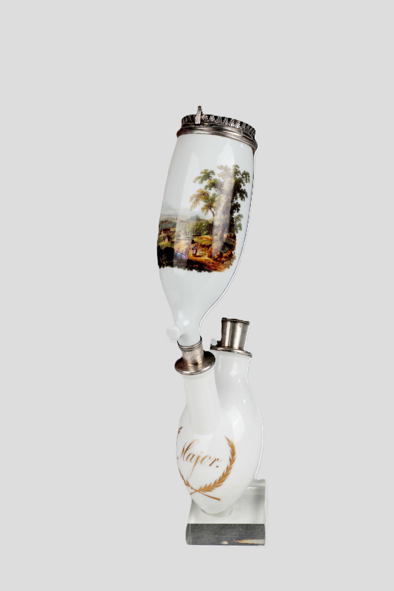 Monumental Porcelain Tobacco Pipe: Monumental tobacco pipe made of porcelain Royal Porcelain Manufactory (KPM) Berlin, 1st half of the 19th century Extremely large pipe bowl frontal polychrome and finely painted with a group of figures