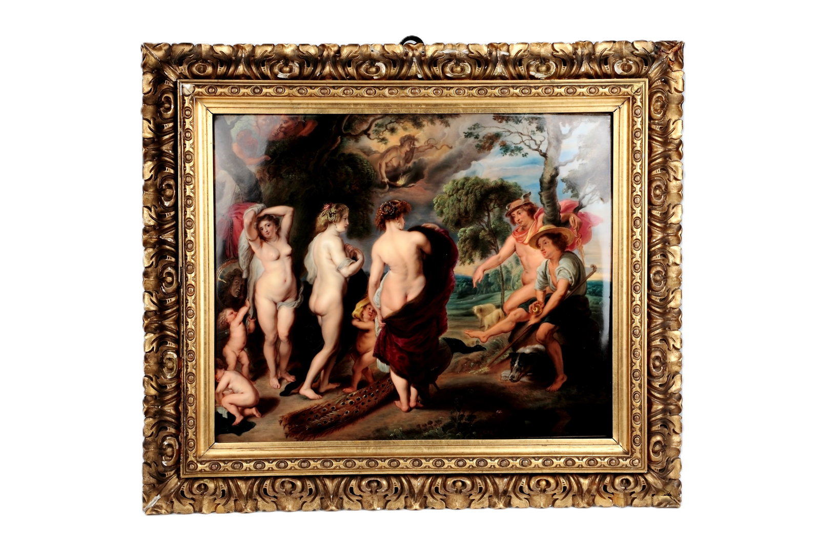 Monumantle Porcelain Picture Plate with the Judgment of Paris: Monumantle porcelain picture plate with the verdict of the Paris Royal Porcelain Manufactory Berlin (KPM), painter Prof. Ernst Böhm (1890-1963) Large porcelain plate decorated in very fine, polychrom