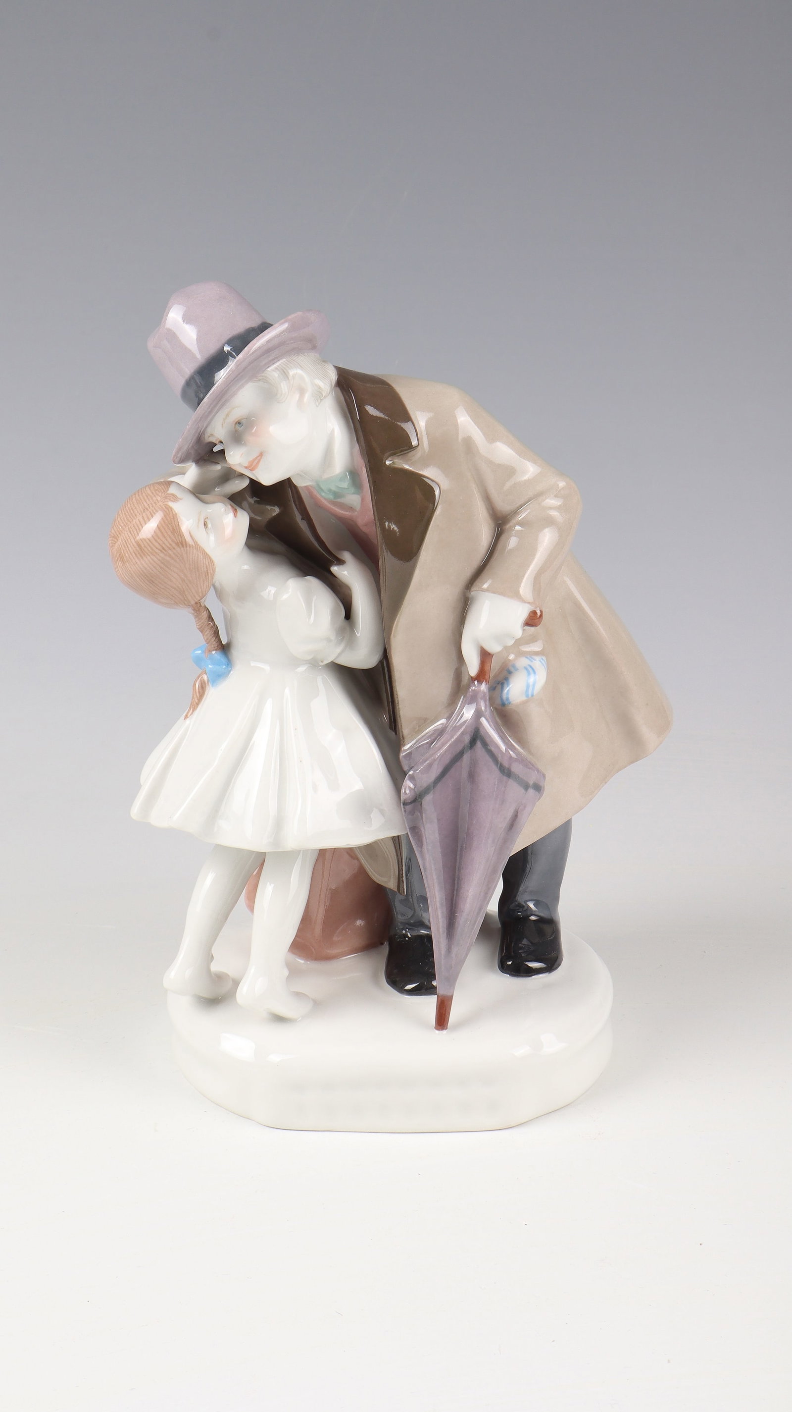 Group of figures ''The Uncle'': Group of figures ''The Uncle'' KPM Berlin, designed by Martin Fritzsche in 1910, porcelain with polychrome underglaze painting. Man with umbrella and hat, to whom a little girl whispers something in
