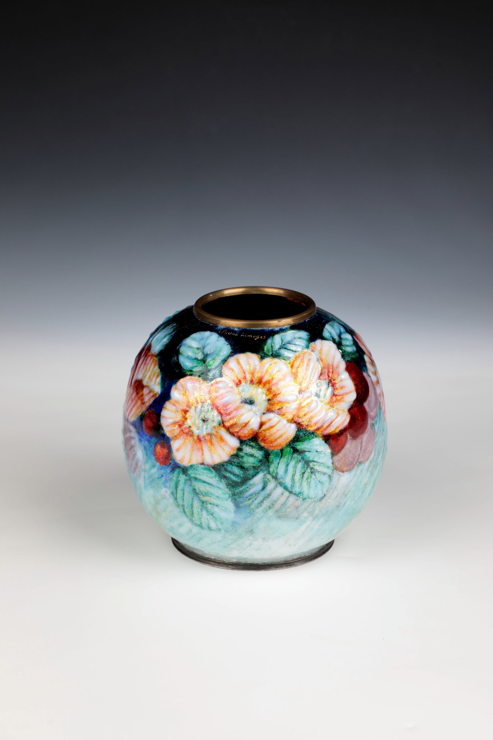 Enamel vase with floral décor: Enamel vase with floral decoration France, Limoges, Camille Fauré around 1925-1935 Spherical-bellied vase made of metal with polychrome enamel overlay. Slightly retracted neck with simple metal